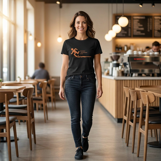 Person wearing black tee with vintage distressed orange Portal 2 Propulsion Gel icon of a figure sprinting fast