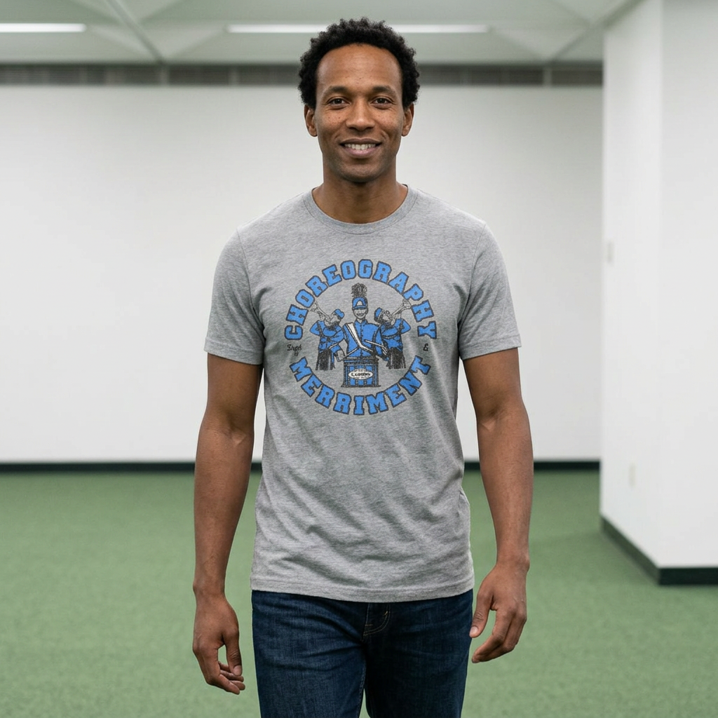 Man wearing heather gray tee with vintage distressed Lumon Dept of Choreography and Merriment marching band art