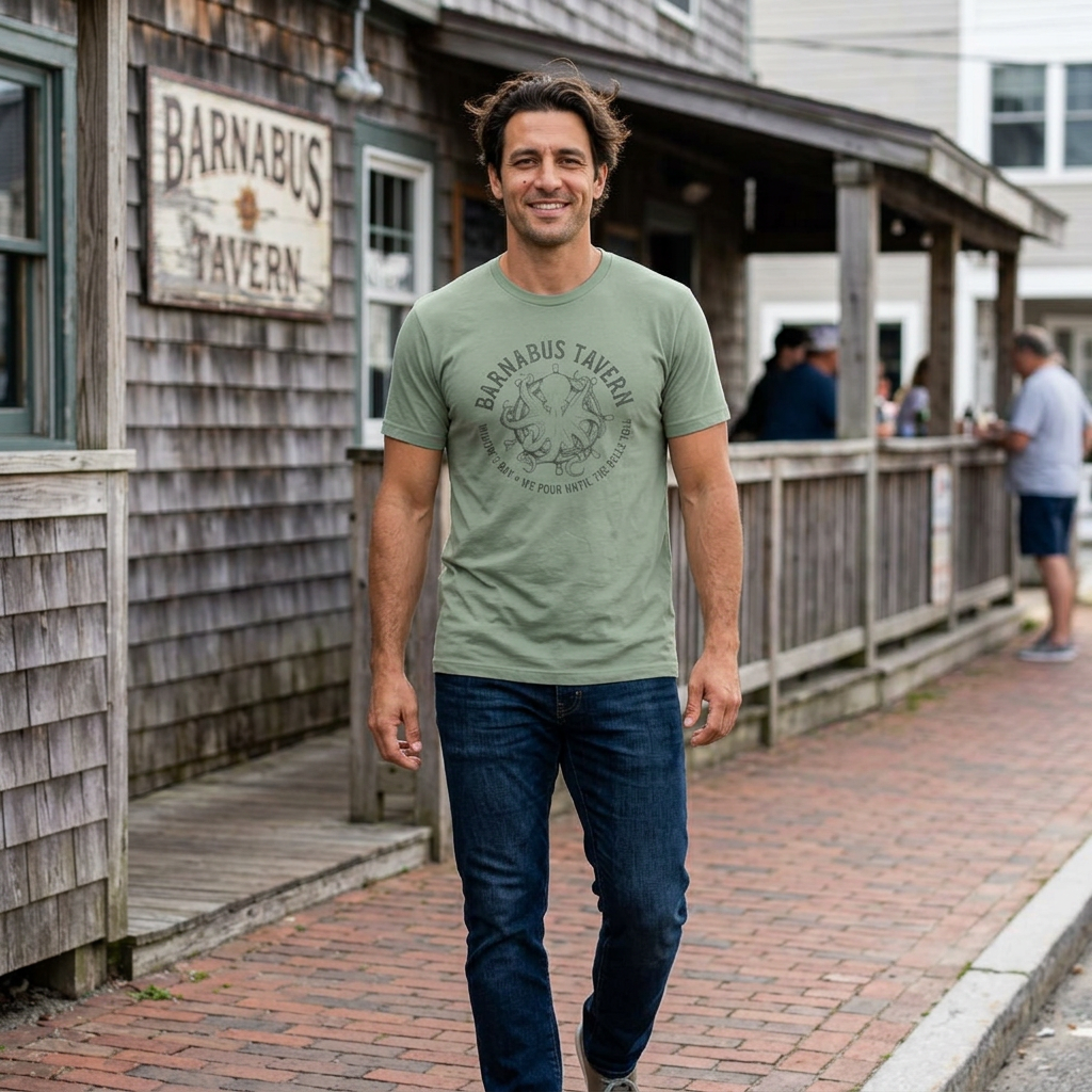 Person wearing Sage green tee with vintage engraved Barnabus Tavern octopus and ship's wheel Widow's Bay design