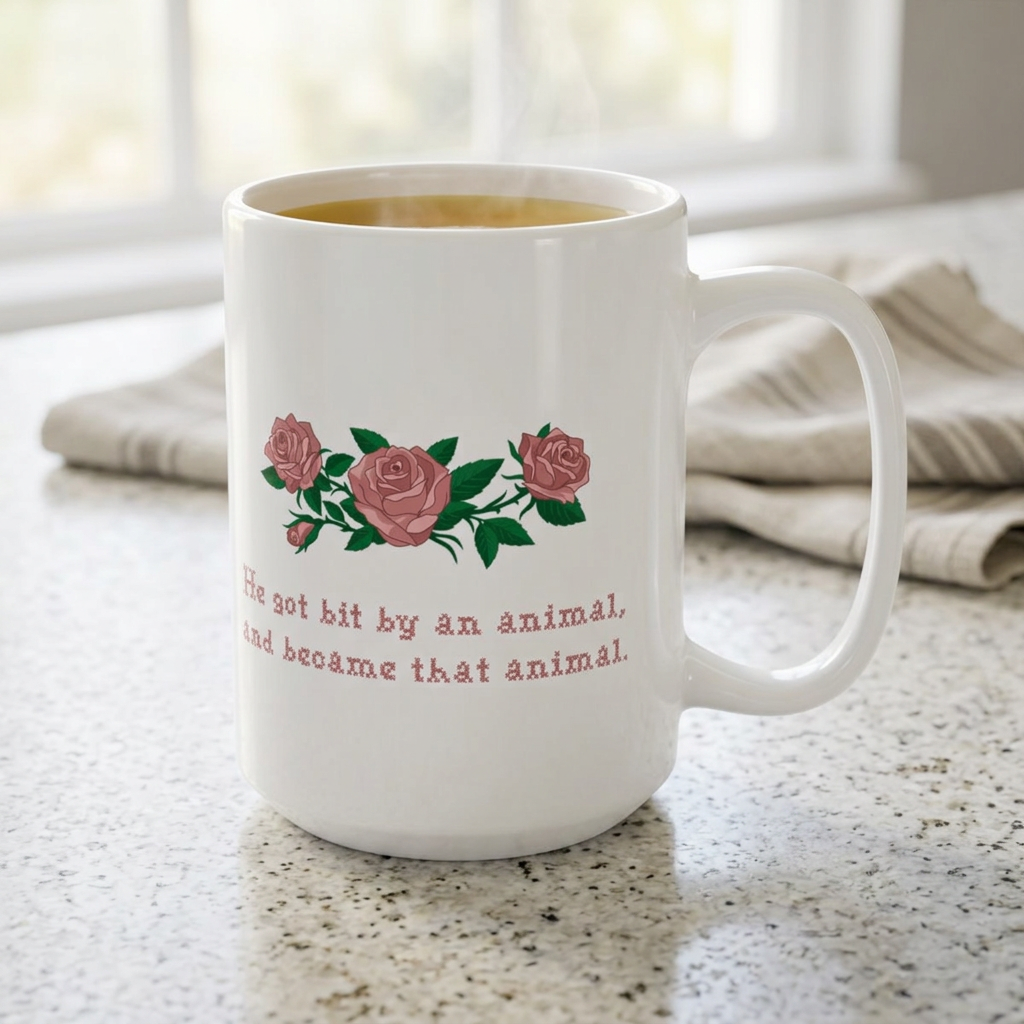 Tea filled white ceramic mug with a printed design of pink roses and green leaves, featuring the text 'He got bit by an animal, and became that animal' in cross stitch style, inspired by Ruth on Widows Bay