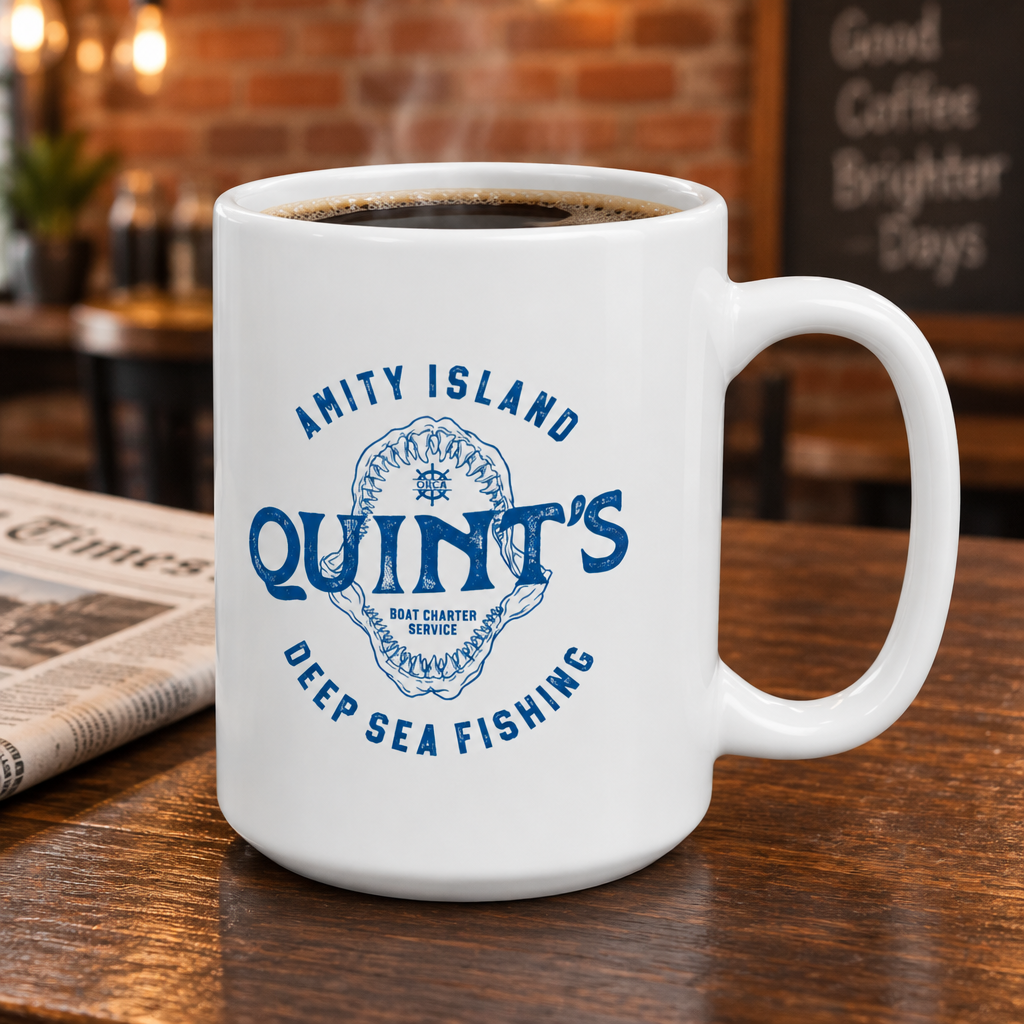 White mug with blue Amity Island Quint's Deep Sea Fishing boat charter logo and shark jaws, inspired by Jaws, in a cafe