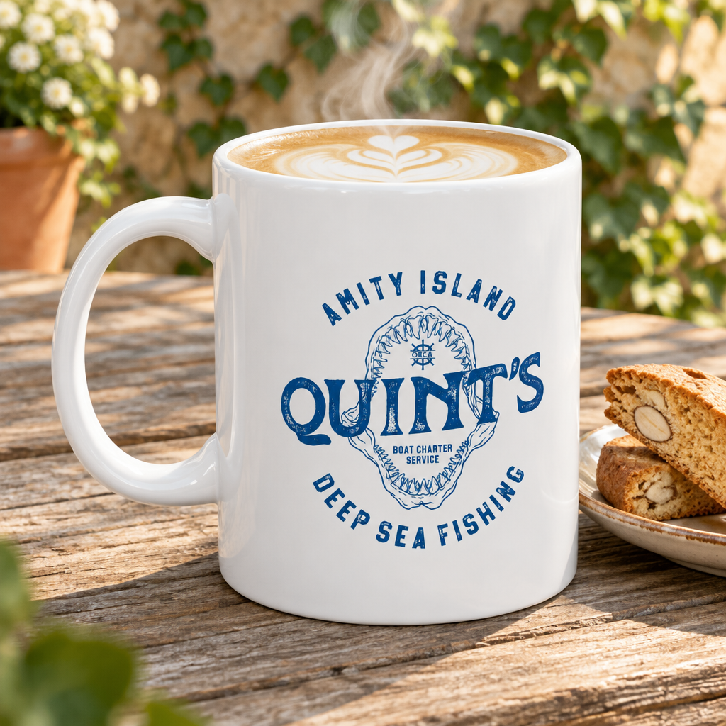 White mug with blue Amity Island Quint's Deep Sea Fishing boat charter logo and shark jaws, inspired by Jaws, on an outdoor table