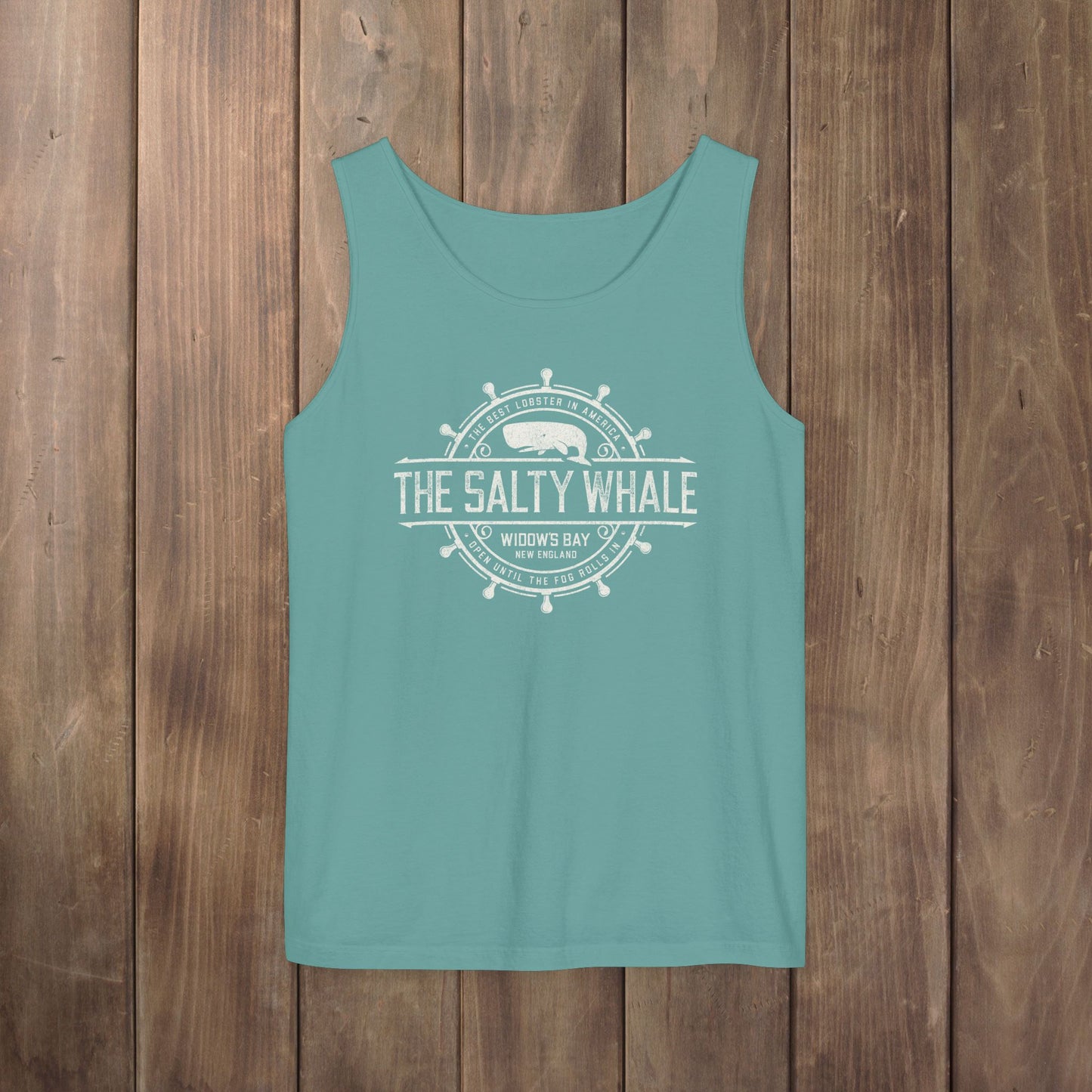 Seafoam green garment-dyed tank top with vintage Widow's Bay The Salty Whale nautical crest design