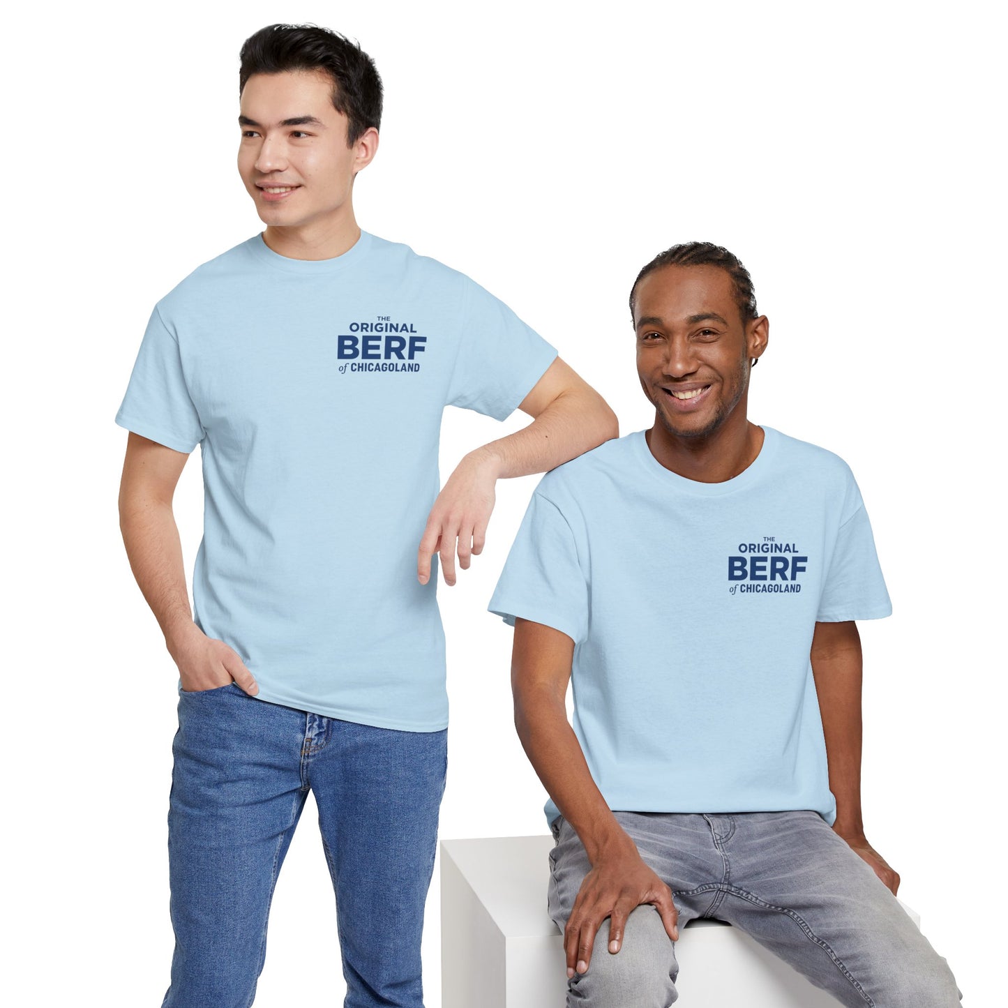 Two men wearing light blue t-shirts with 'Original BERF of Chicago' text on a white background