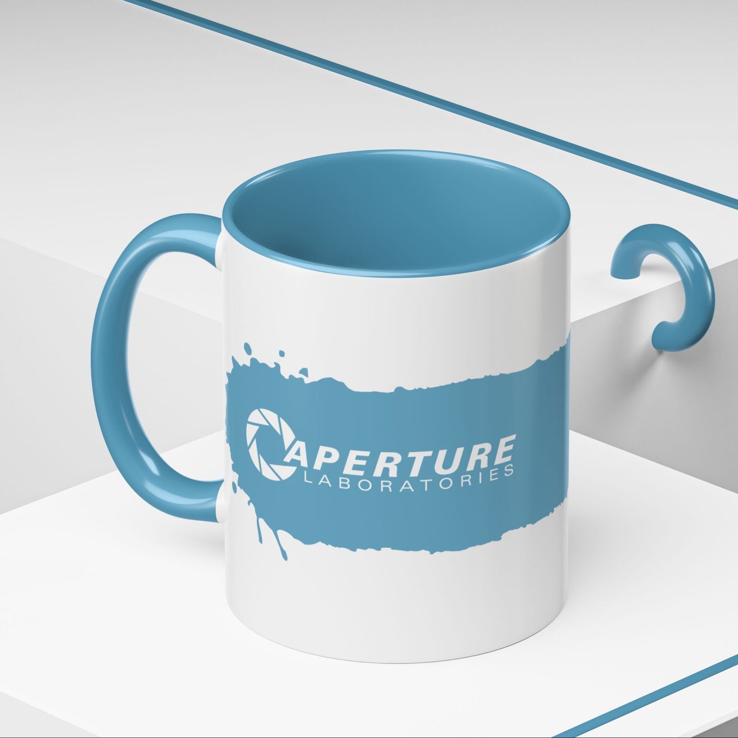 Angled view of 11oz Portal 2 Aperture Laboratories blue Repulsion Gel accent mug with blue handle, glossy ceramic.