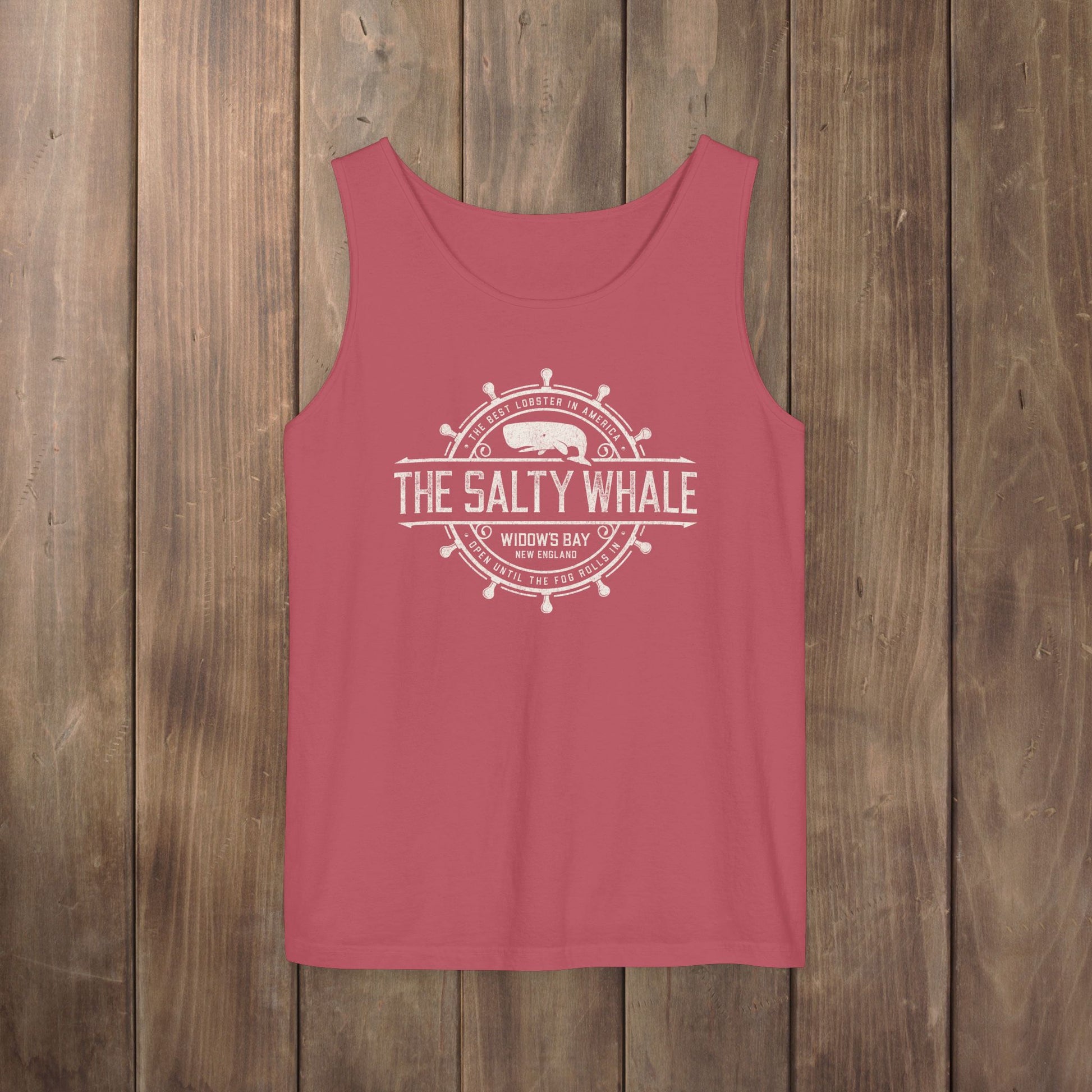 Crimson red garment-dyed tank top with vintage Widow's Bay The Salty Whale nautical crest design