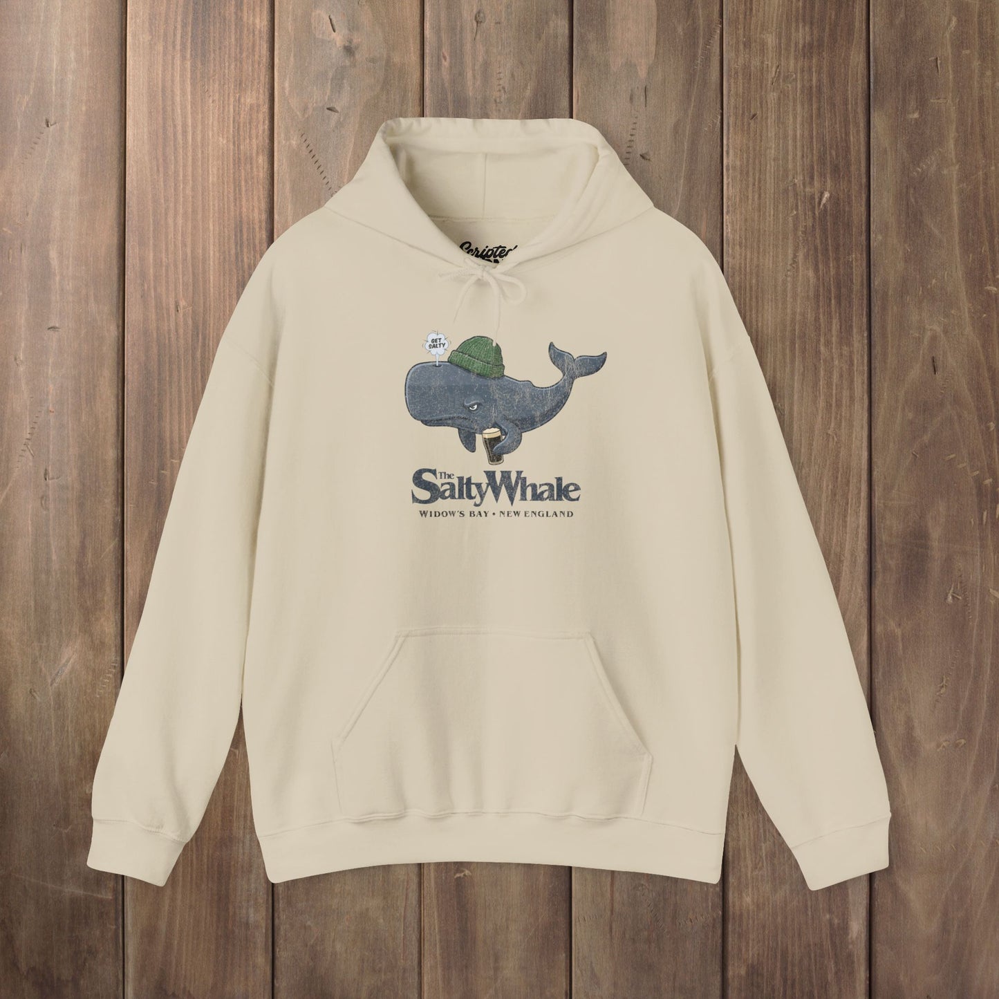 Sand 'The Salty Whale' cartoon mascot hoodie inspired by Widow's Bay Apple TV series, heavy blend pullover sweatshirt