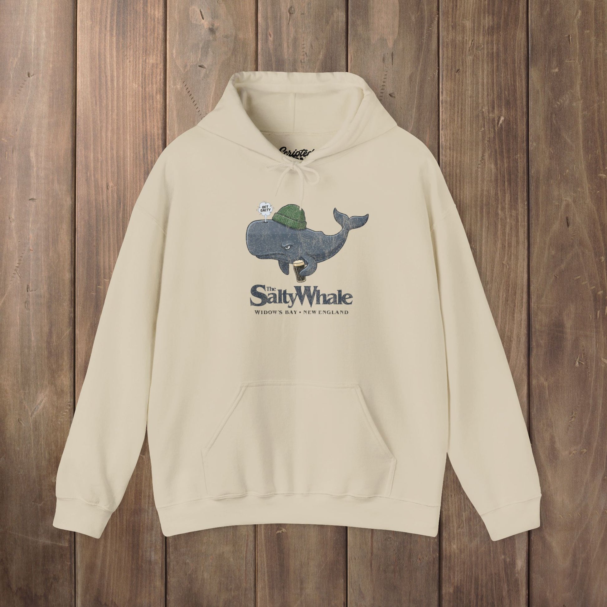 Sand 'The Salty Whale' cartoon mascot hoodie inspired by Widow's Bay Apple TV series, heavy blend pullover sweatshirt