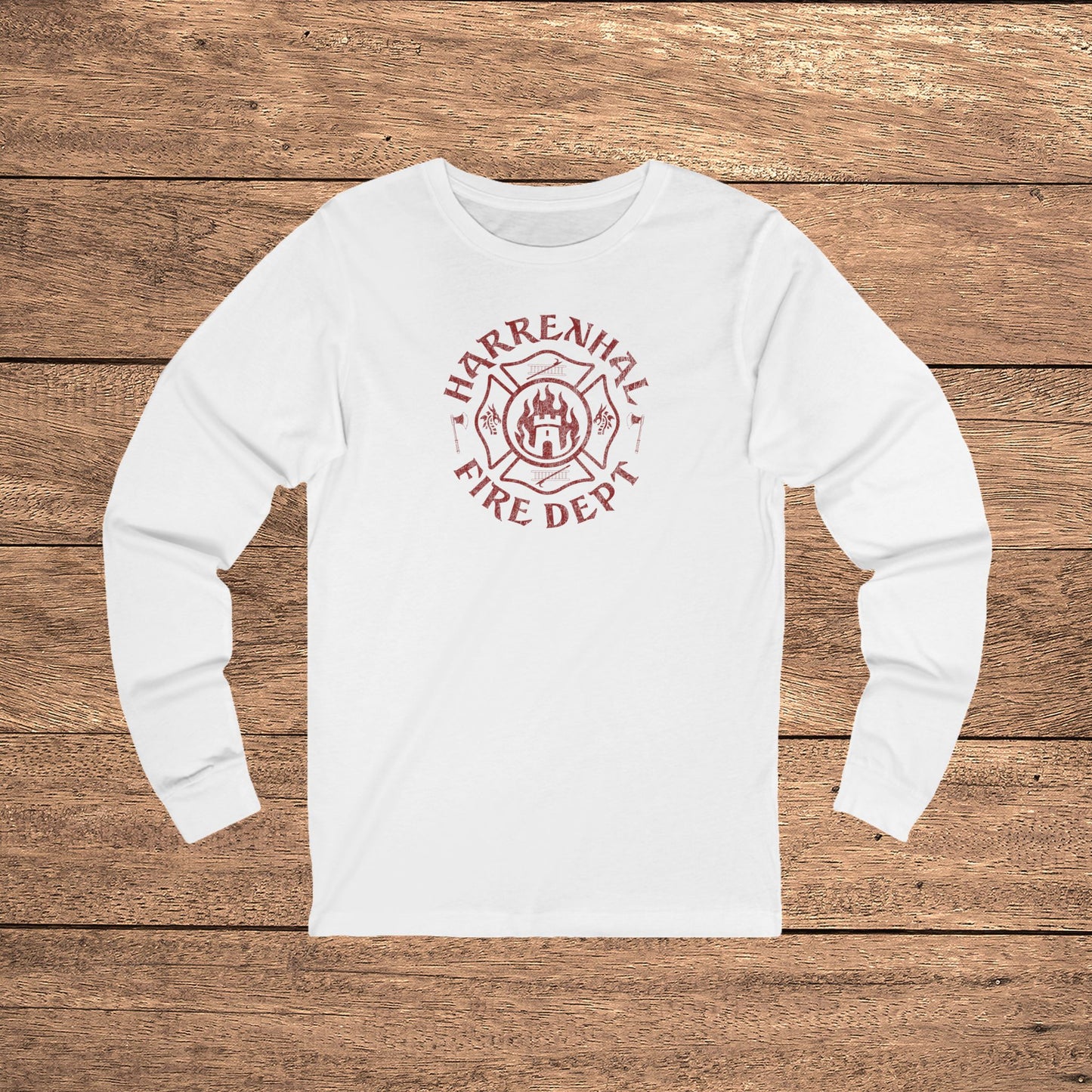 White Harrenhal Fire Department vintage distressed graphic long-sleeve t-shirt, Bella+Canvas cotton Game of Thrones inspired tee