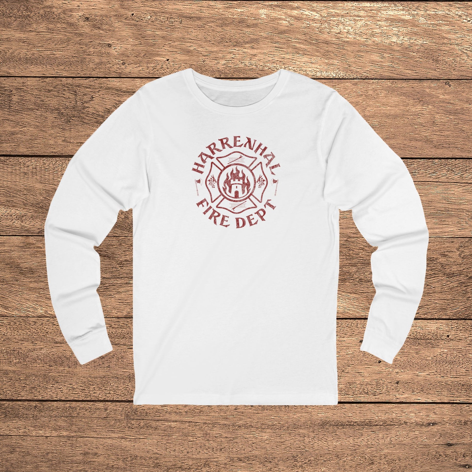 White Harrenhal Fire Department vintage distressed graphic long-sleeve t-shirt, Bella+Canvas cotton Game of Thrones inspired tee