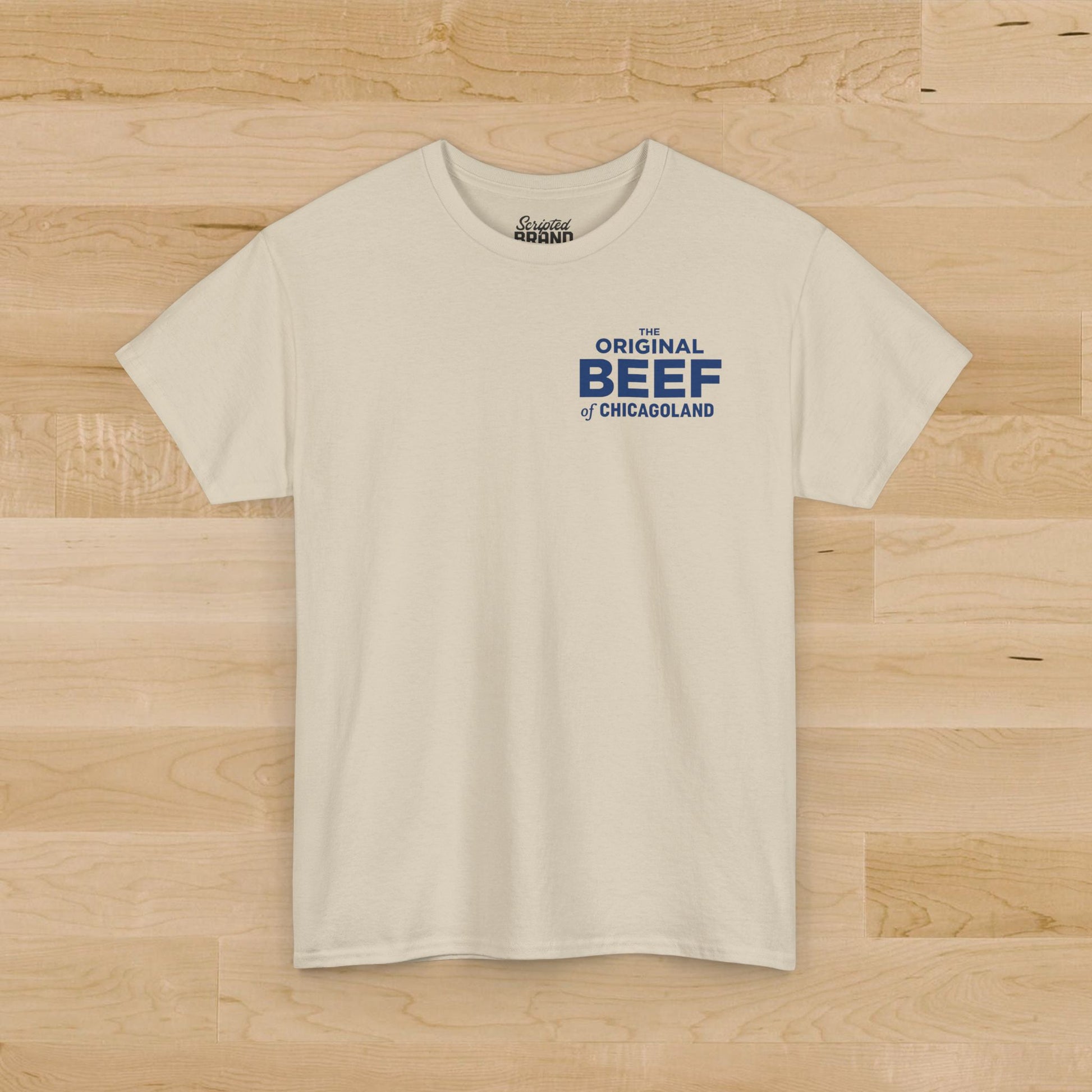 'The Original Beef of Chicagoland' t-shirt inspired by The Bear, Gildan 5000 short sleeve crew neck in sand beige.