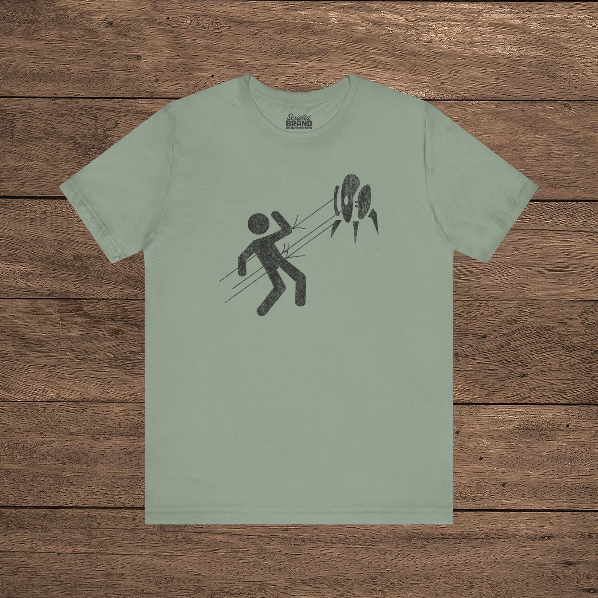 Sage Green Aperture Science Turret warning icon t-shirt on Bella+Canvas 3001, vintage distressed print, Portal and Portal 2 fan tee.
