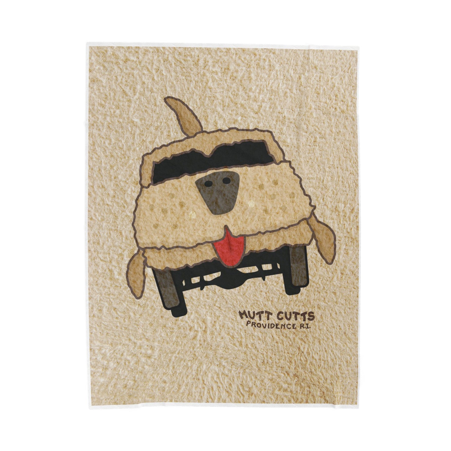 Flat view of Velveteen plush blanket with large Mutt Cutts dog van graphic inspired by Dumb and Dumber movie.