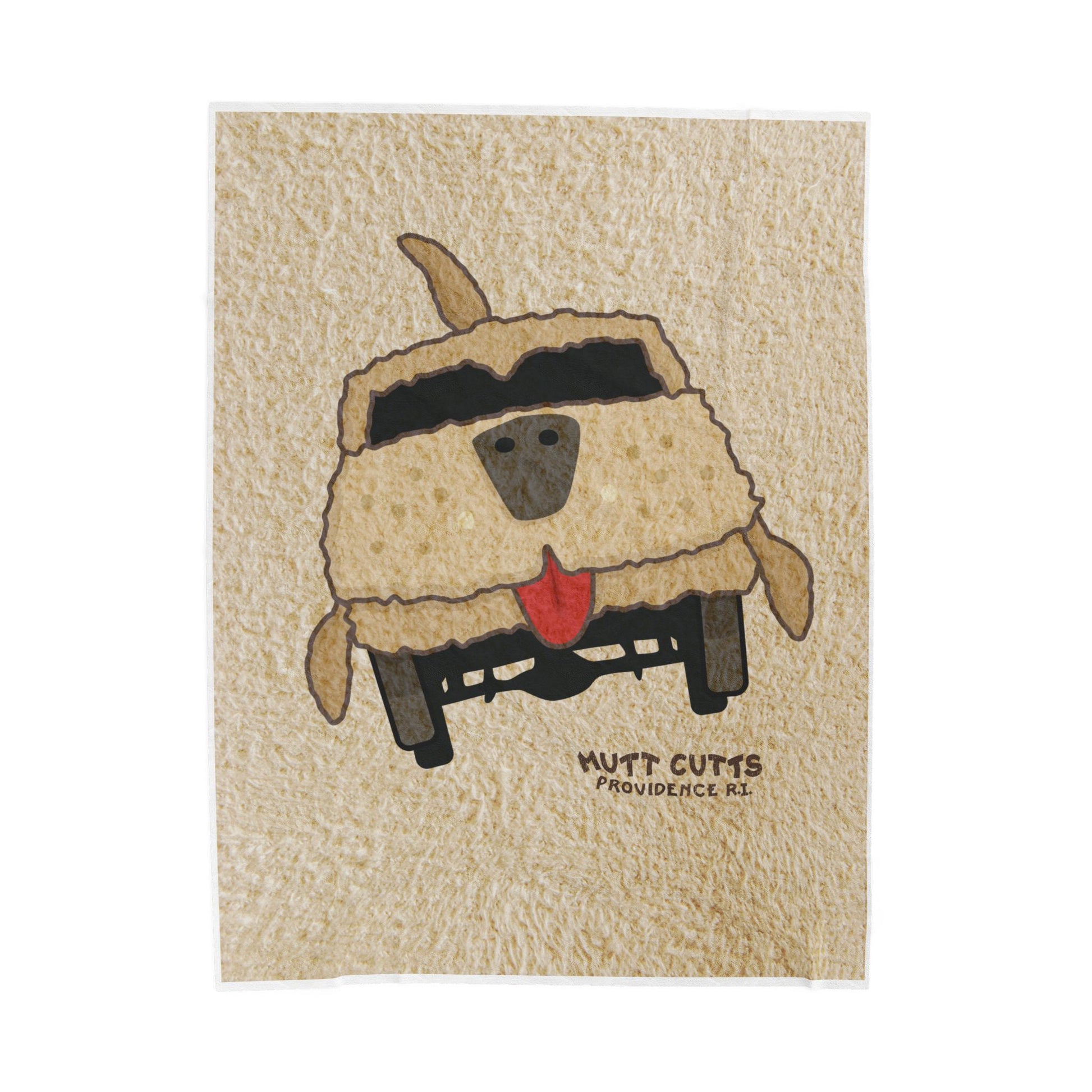 Flat view of Velveteen plush blanket with large Mutt Cutts dog van graphic inspired by Dumb and Dumber movie.