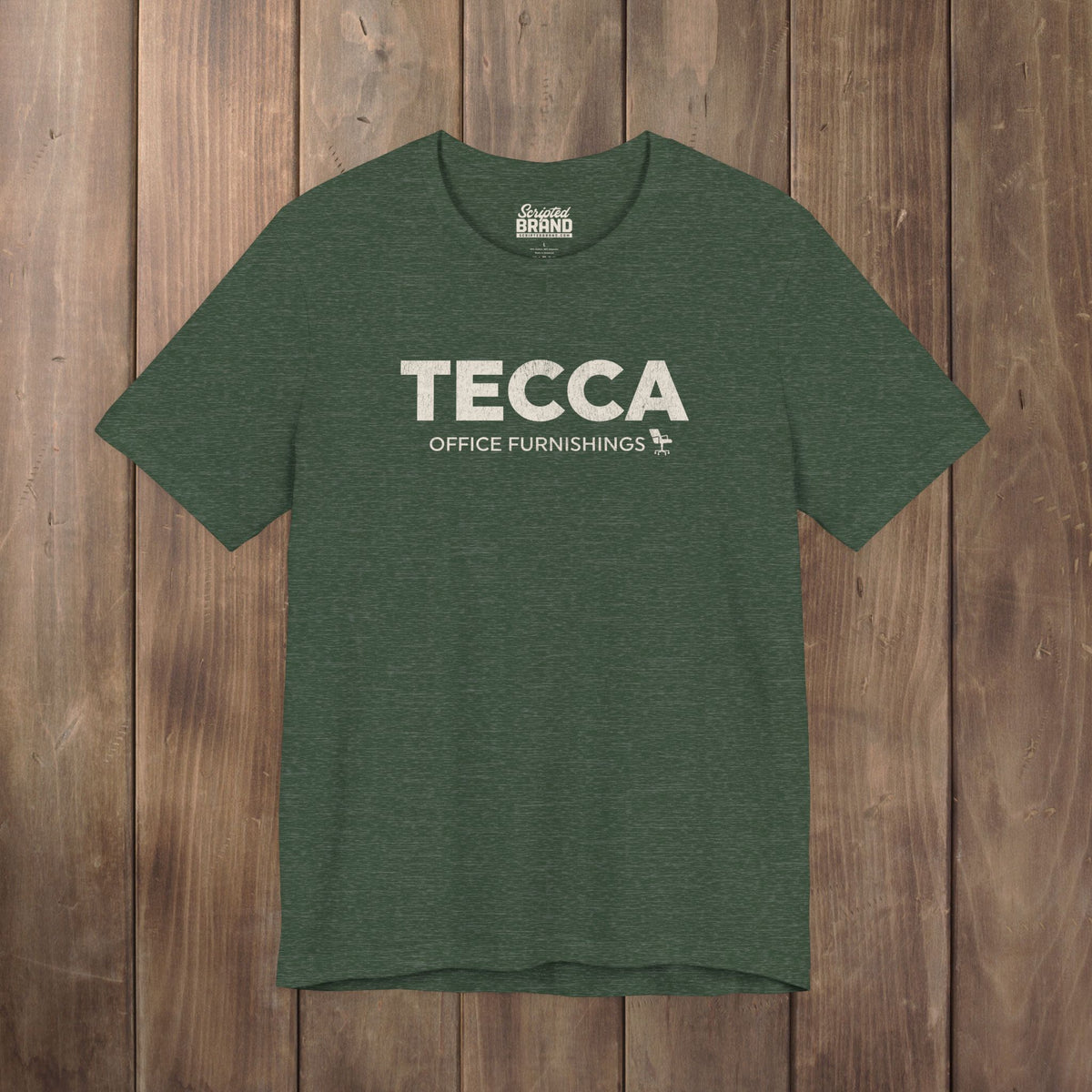 Heather forest green TECCA Office Furnishings tee inspired by The Chair Company. Bella+Canvas tim robinson shirt comedy.