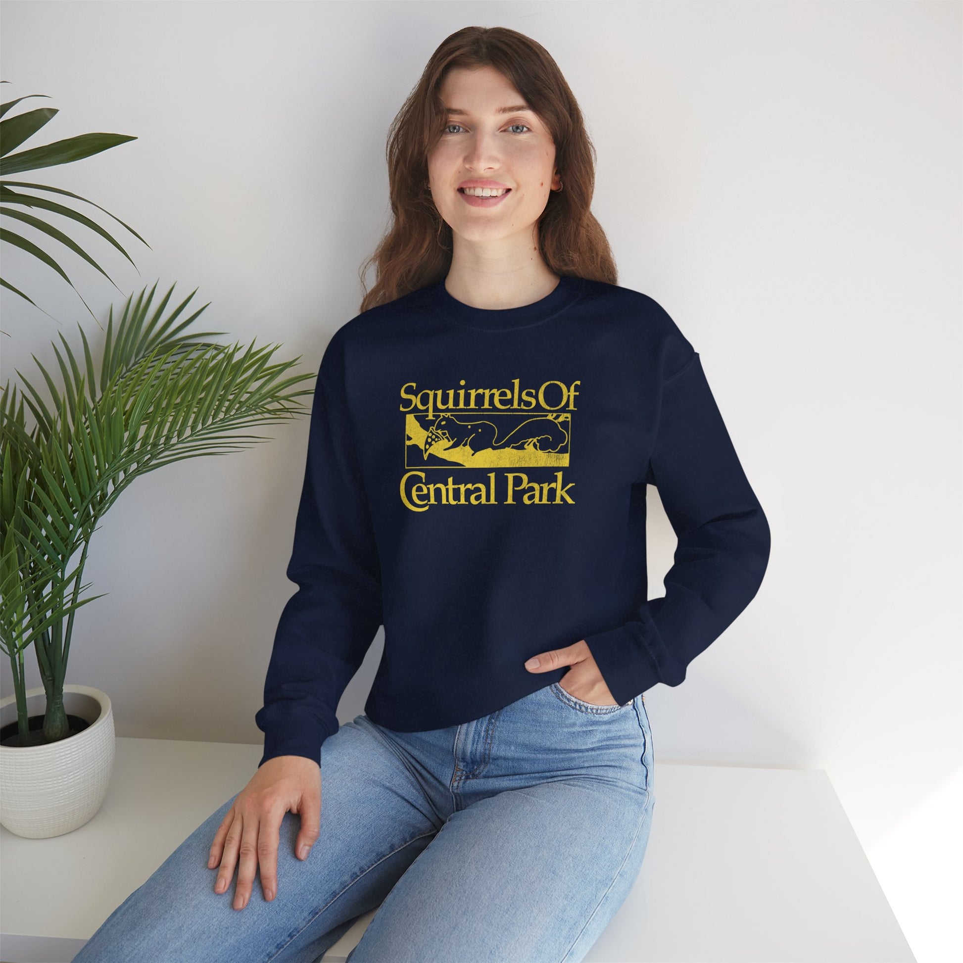 Woman wearing navy blue Squirrels Of Central Park vintage distressed crewneck sweatshirt inspired by Bad Sisters.