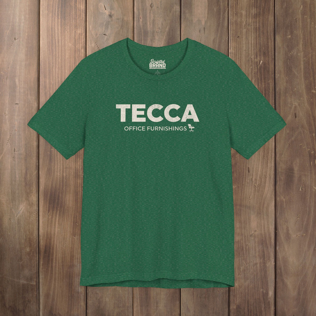 Heather grass green TECCA Office Furnishings tee inspired by The Chair Company. Bella+Canvas tim robinson shirt comedy.