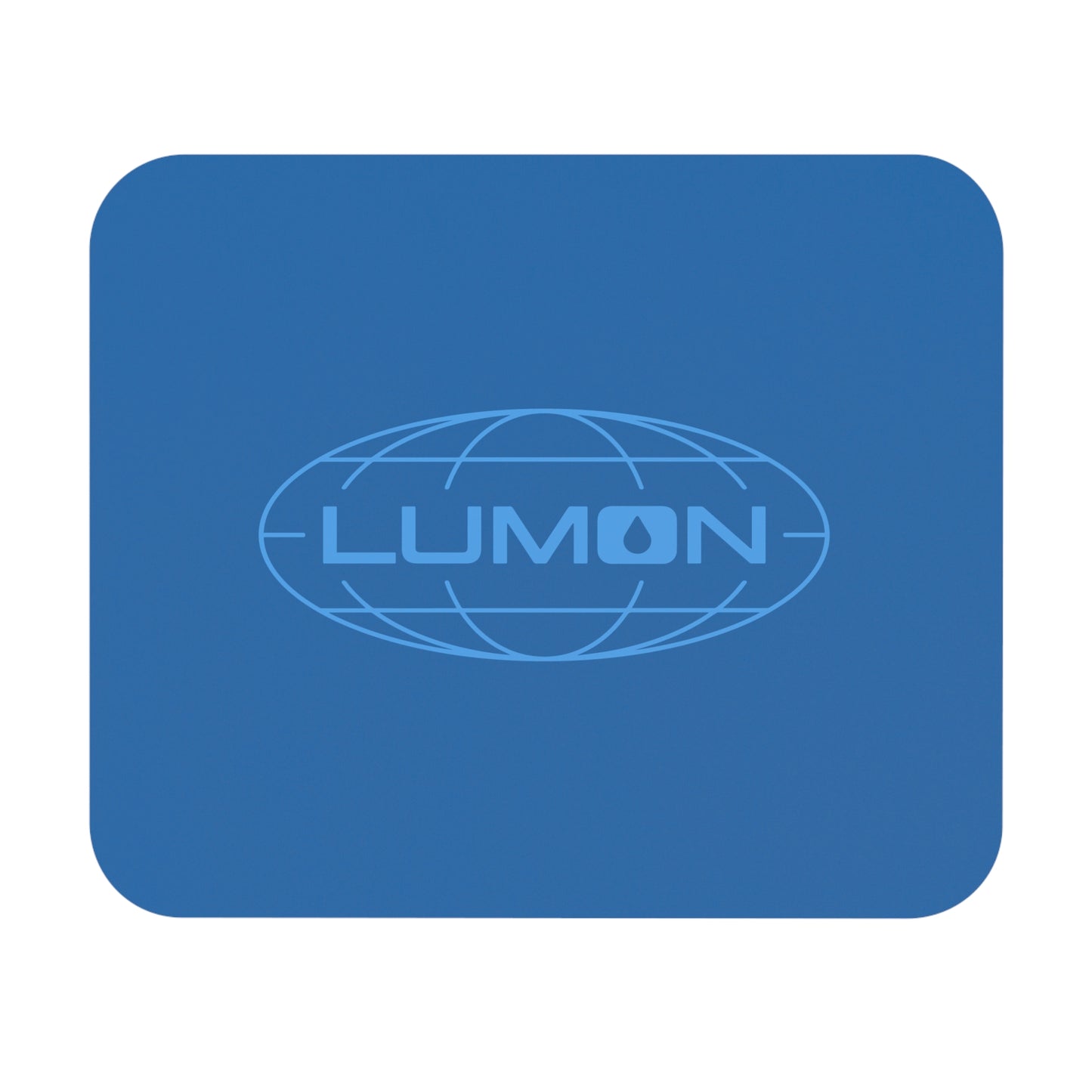 9x8 modern blue Mouse pad with the Lumon Industries logo from the TV show Severance, next to a MacBook.