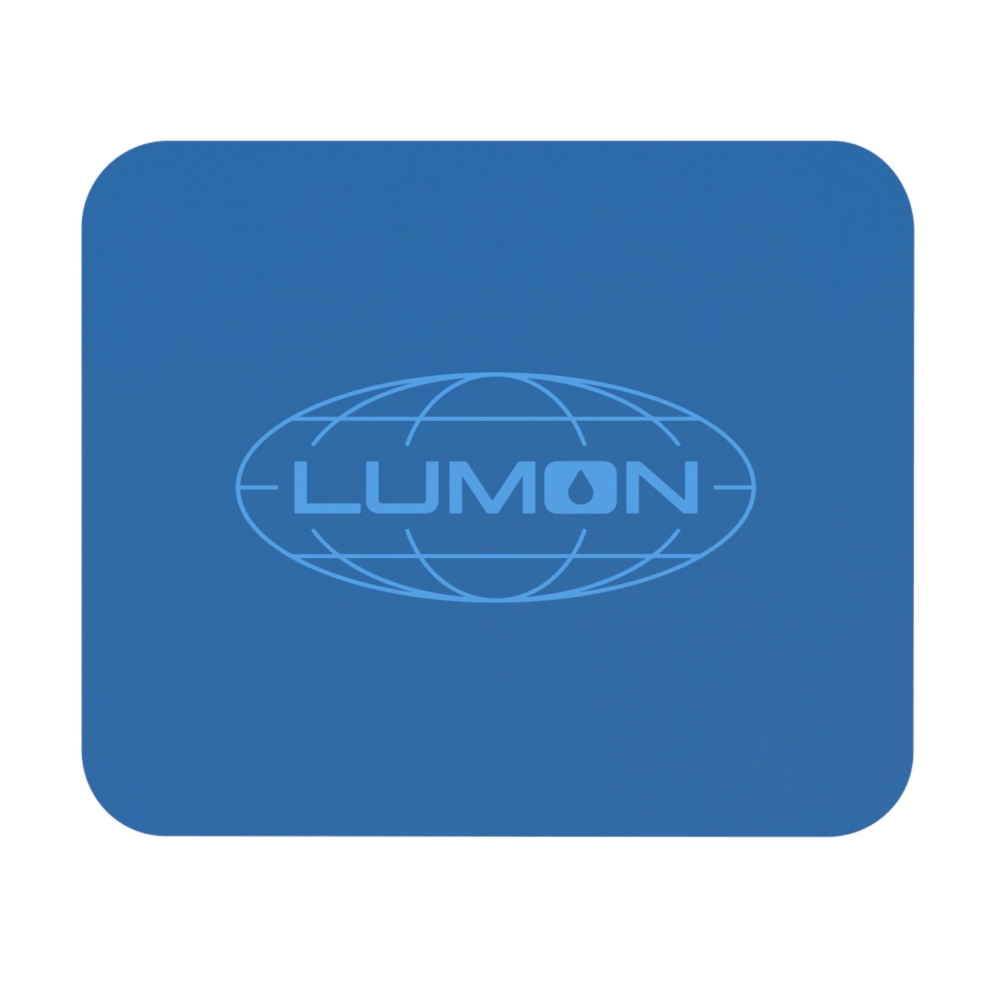 9x8 modern blue Mouse pad with the Lumon Industries logo from the TV show Severance, next to a MacBook.