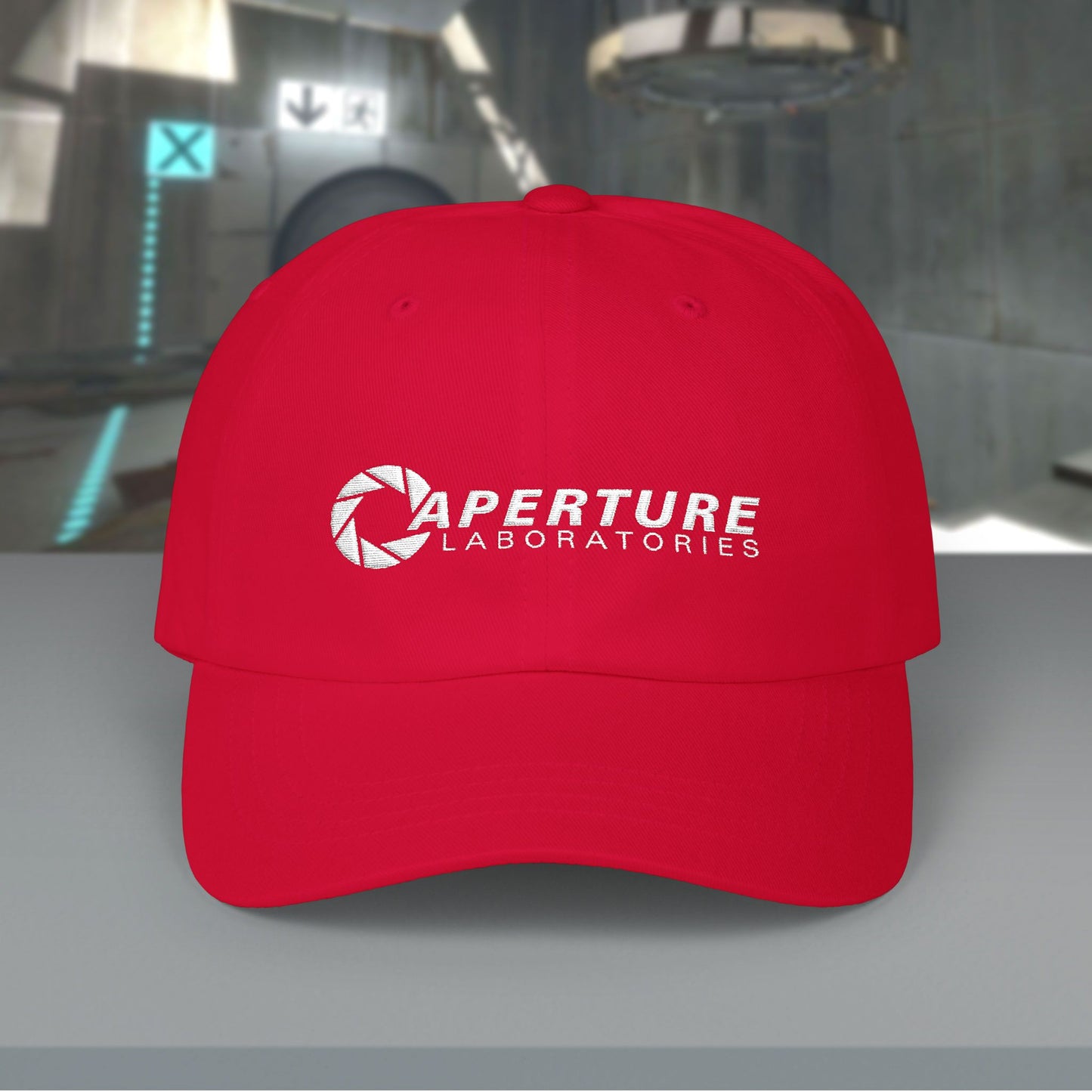 Red Aperture Laboratories embroidered logo dad cap inspired by Portal video games, 100% cotton baseball hat