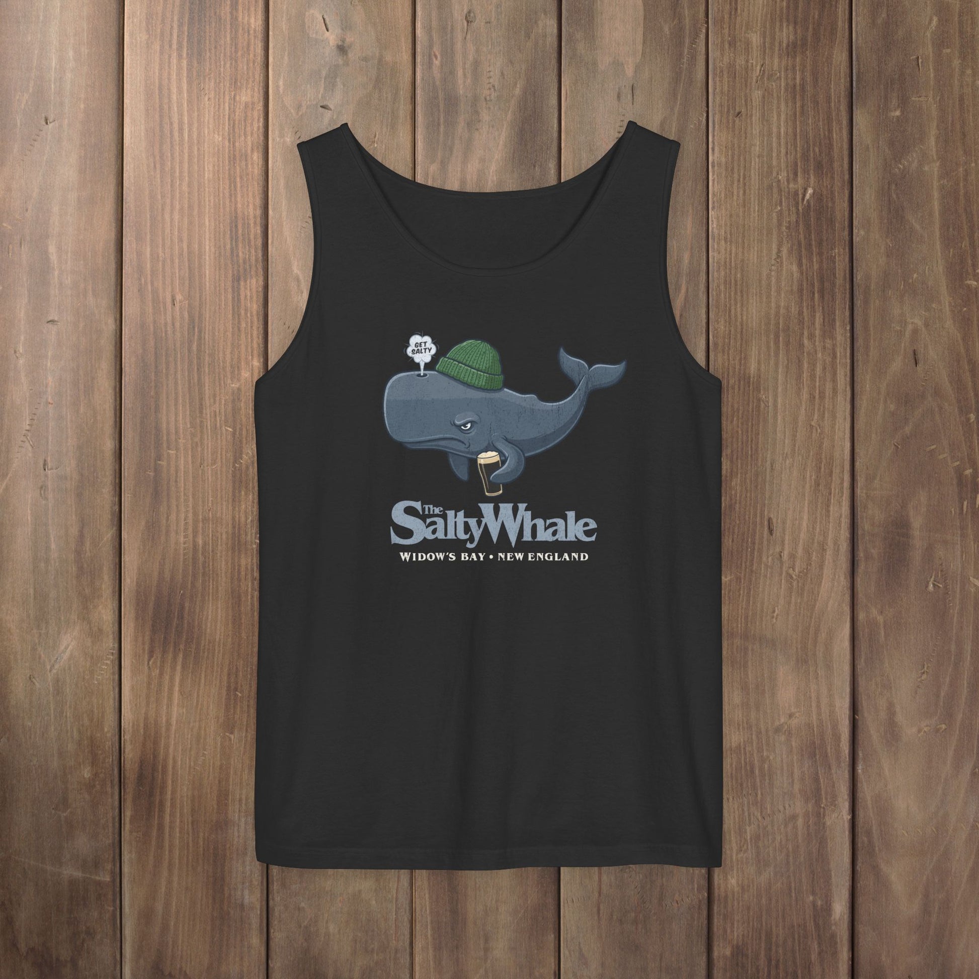 Black Comfort Colors tank with the Salty Whale logo from Widow's Bay, a beanie-wearing cartoon whale drinking dark beer