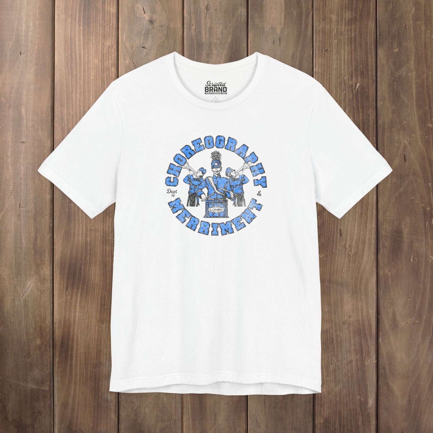 White tee with vintage distressed Lumon Dept of Choreography and Merriment marching band art