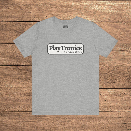 Heather grey PlayTronics Sneakers movie logo t-shirt on Bella+Canvas 3001, vintage distressed print, shown on wood floor.