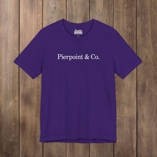 Purple Pierpoint & Co. logo t-shirt inspired by HBO Industry TV series, soft Bella+Canvas cotton investment bank fan tee