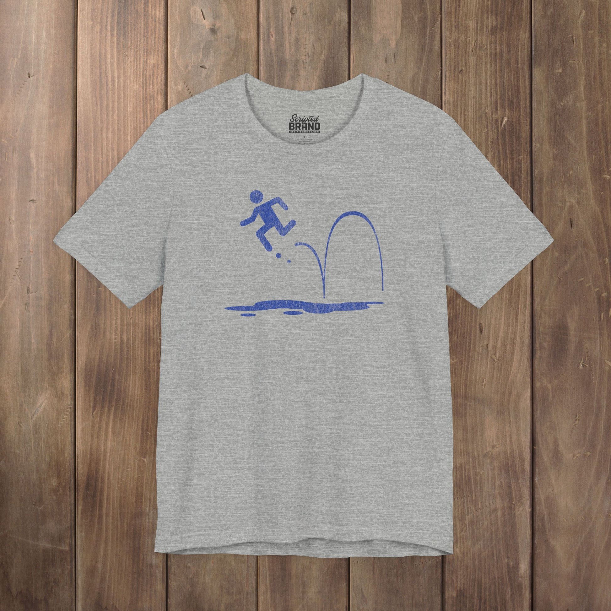 Heather gray tee with vintage distressed Portal 2 Repulsion Gel icon of a figure bouncing off gel
