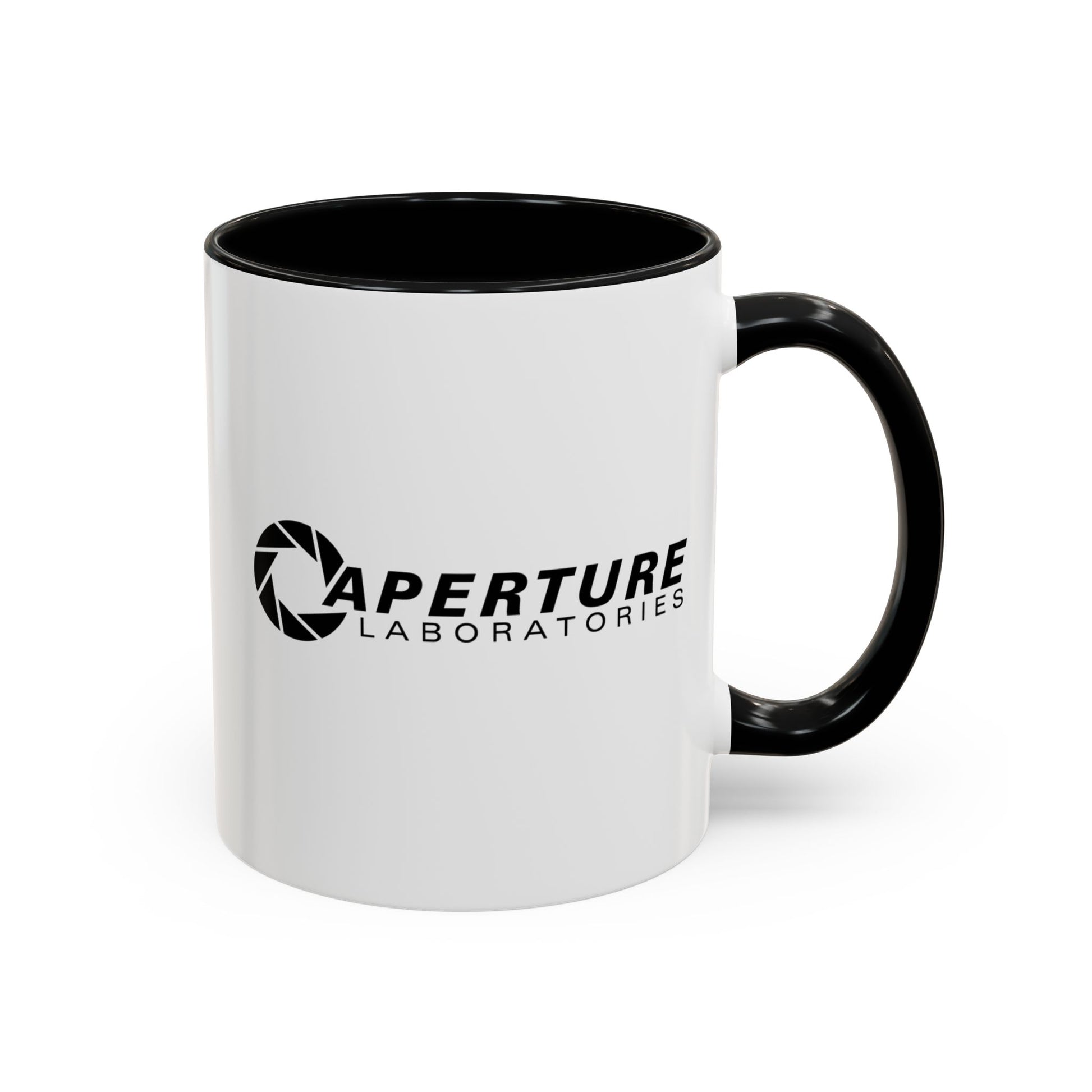 Front view with handle on right of a 11 oz white Ceramic Accent Mug with the black Aperture Laboratories logo from the video game Portal on both sides. Handle and interior are colored black.