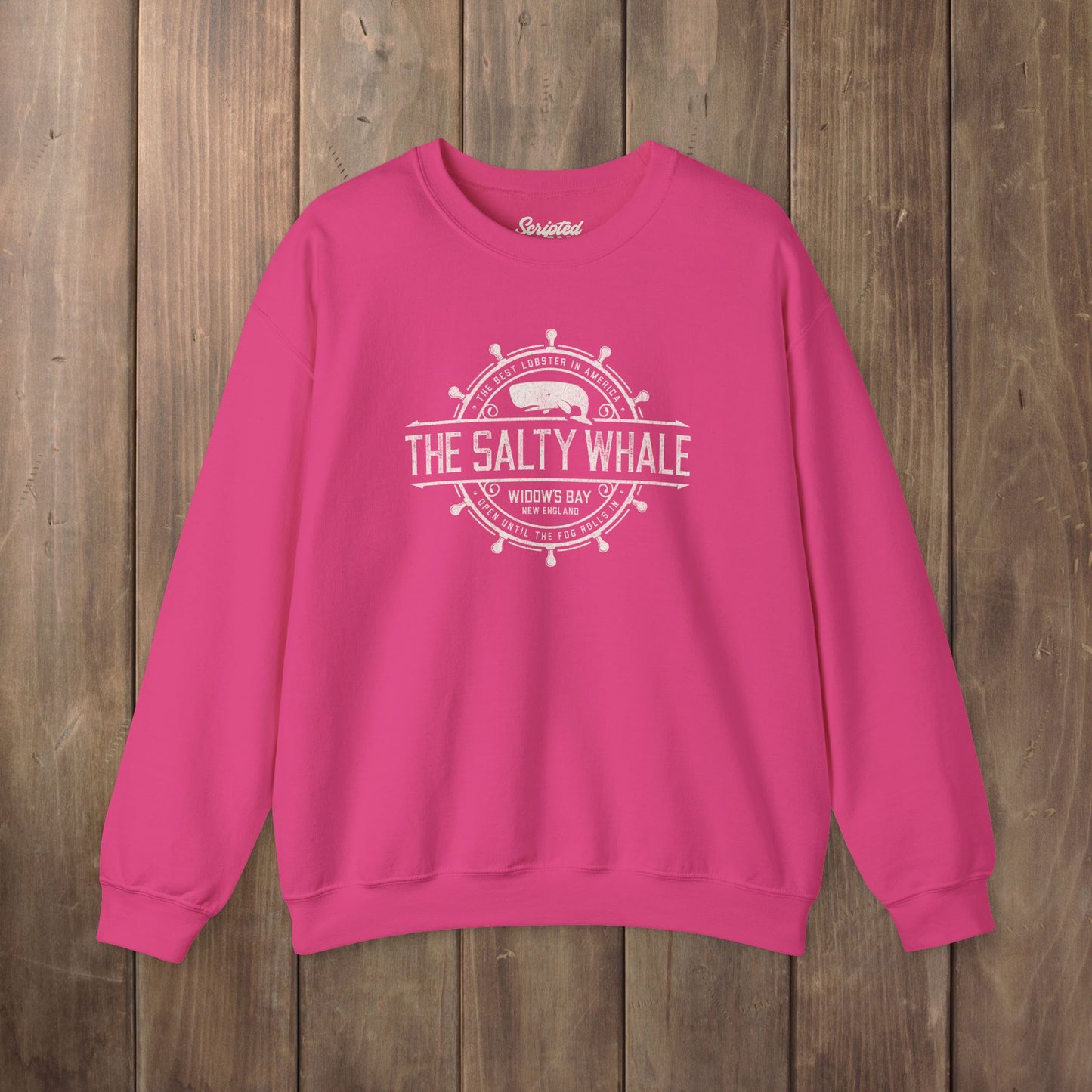 Heliconia pink Gildan crewneck sweatshirt with the distressed Salty Whale maritime crest logo from TV show Widow's Bay