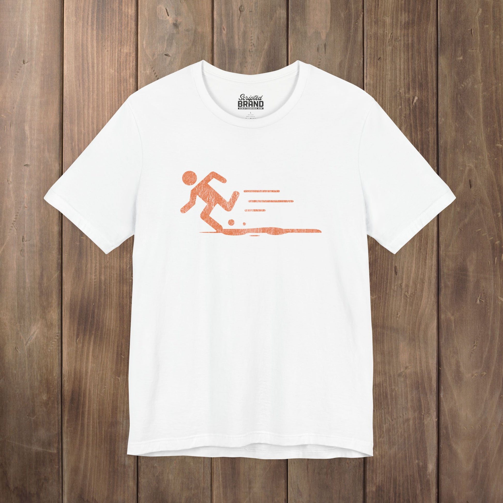 White tee with orange vintage distressed Portal 2 Propulsion Gel icon of a figure sprinting fast