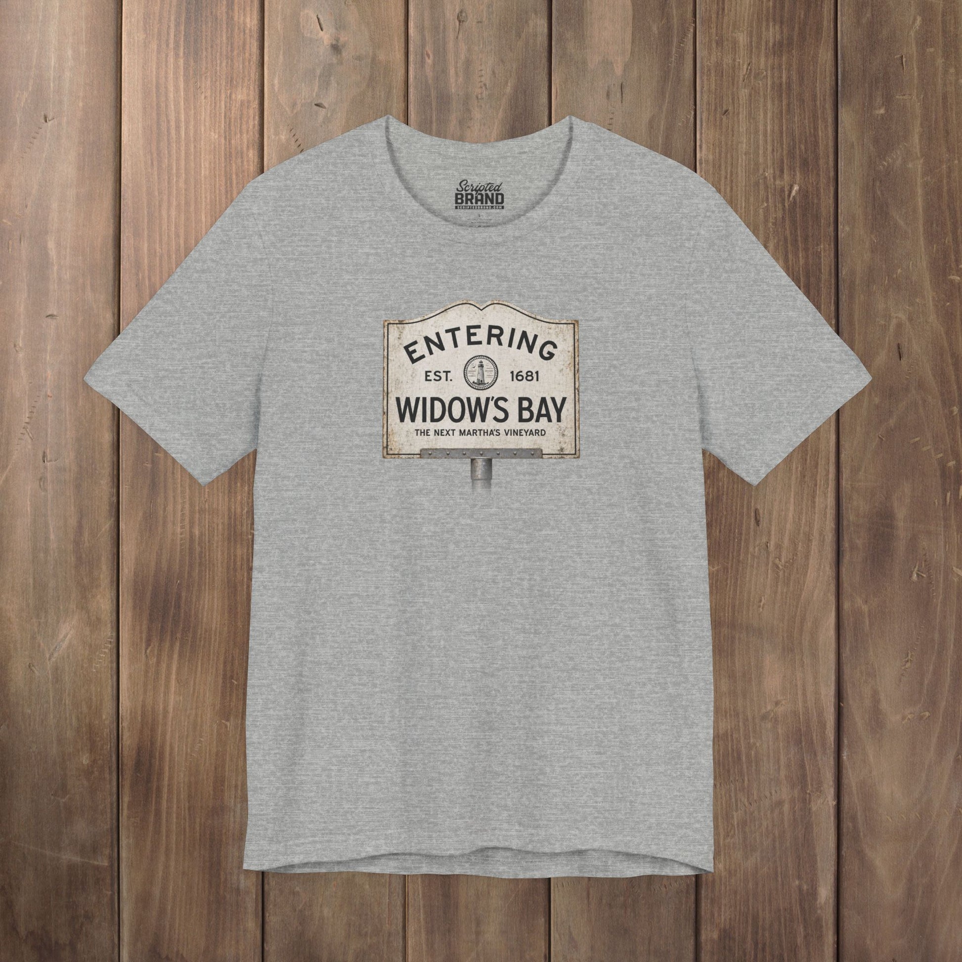 Heather gray 'Entering Widow's Bay' vintage town sign t-shirt inspired by Apple TV series, soft Bella+Canvas cotton New England tee