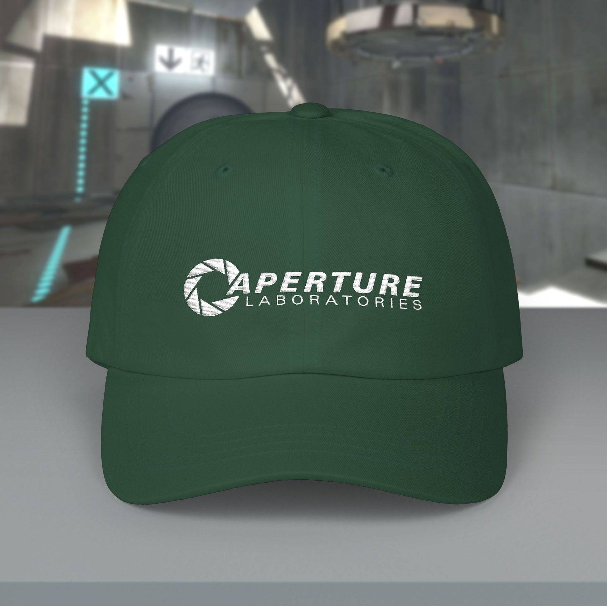 Spruce green Aperture Laboratories embroidered logo dad cap inspired by Portal video games, 100% cotton baseball hat