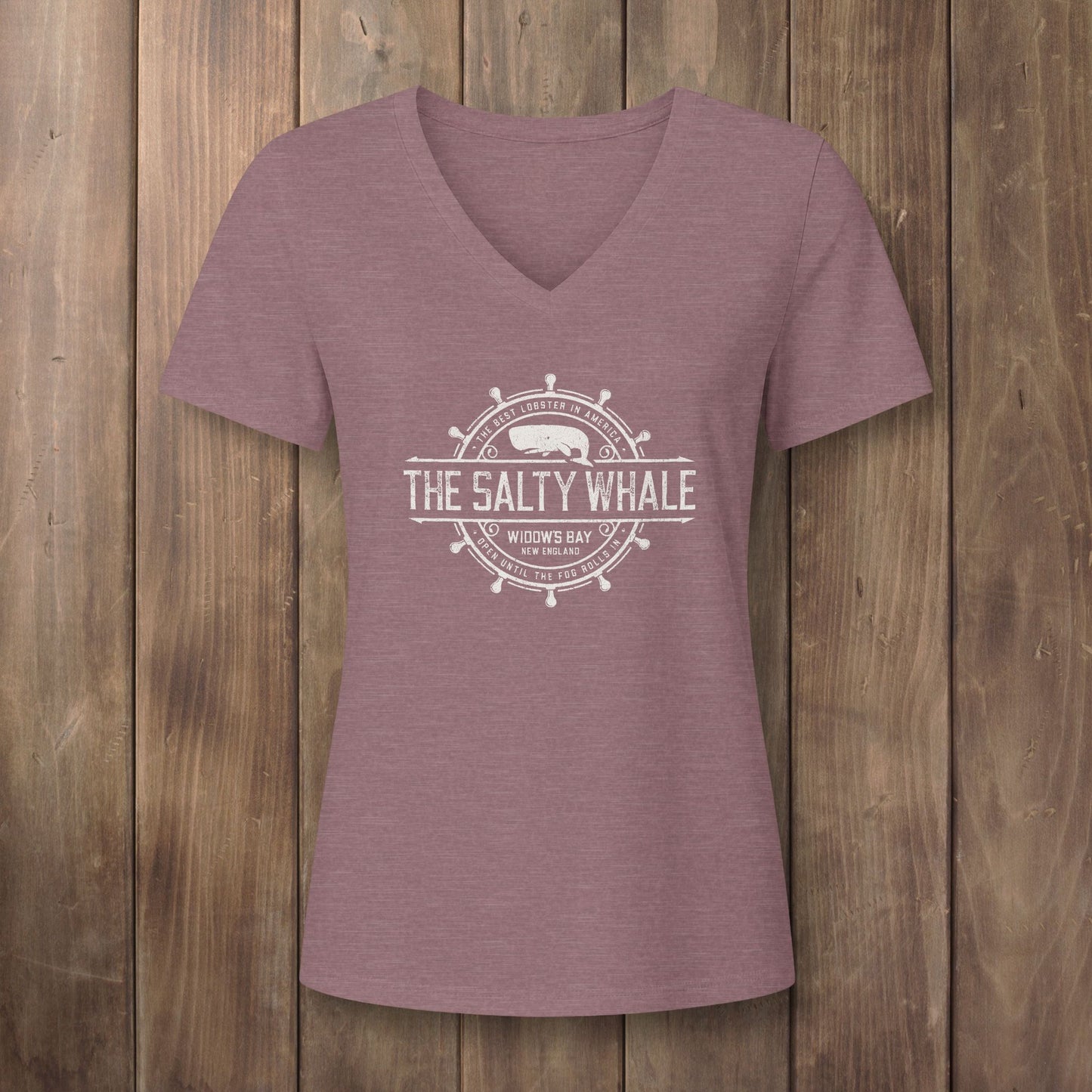 Heather mauve pink womens v-neck tee with vintage The Salty Whale nautical crest inspired by Widow's Bay show