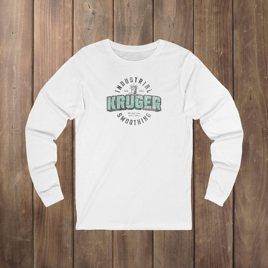 White Bella+Canvas 3501 long-sleeve t-shirt featuring a Kruger Industrial Smoothing graphic in a vintage distressed style