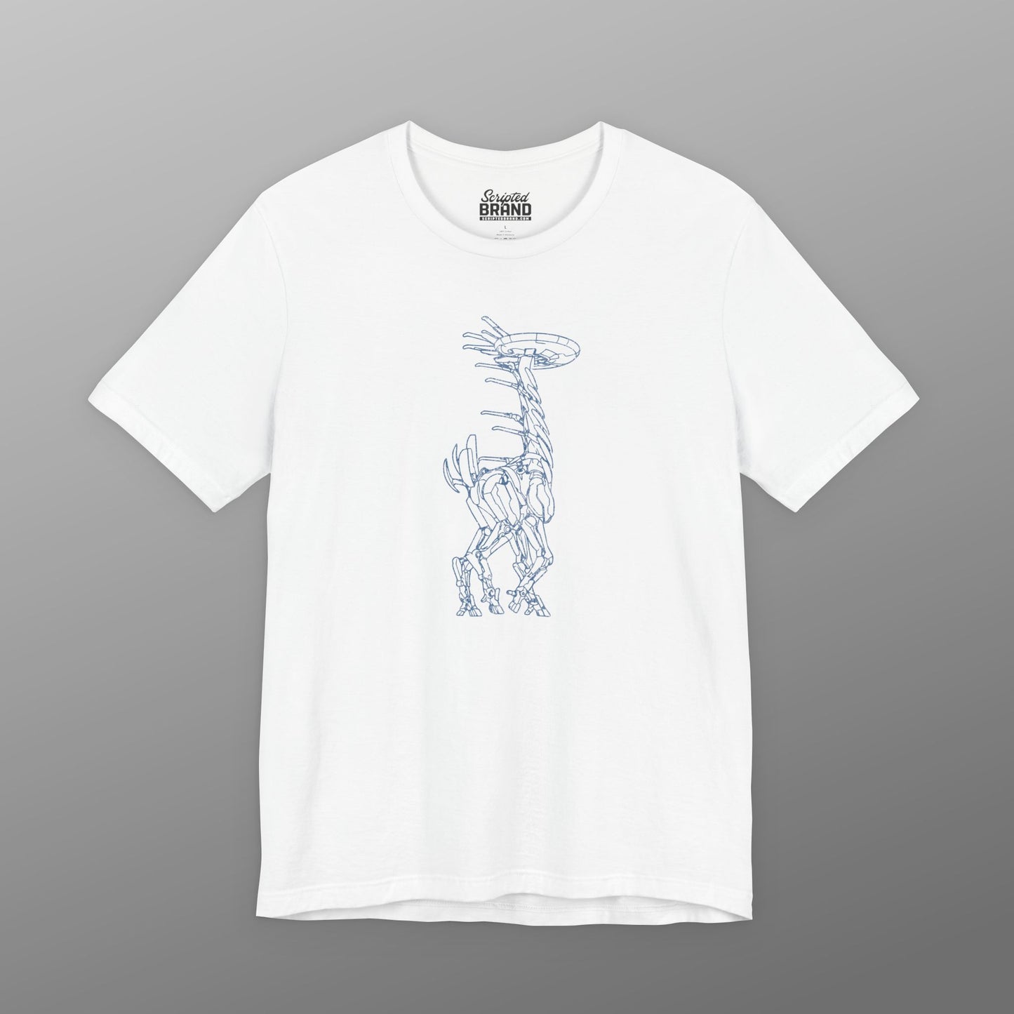 White blue Tallneck vintage line-art graphic t-shirt inspired by Horizon Zero Dawn and Forbidden West, soft Bella+Canvas cotton tee