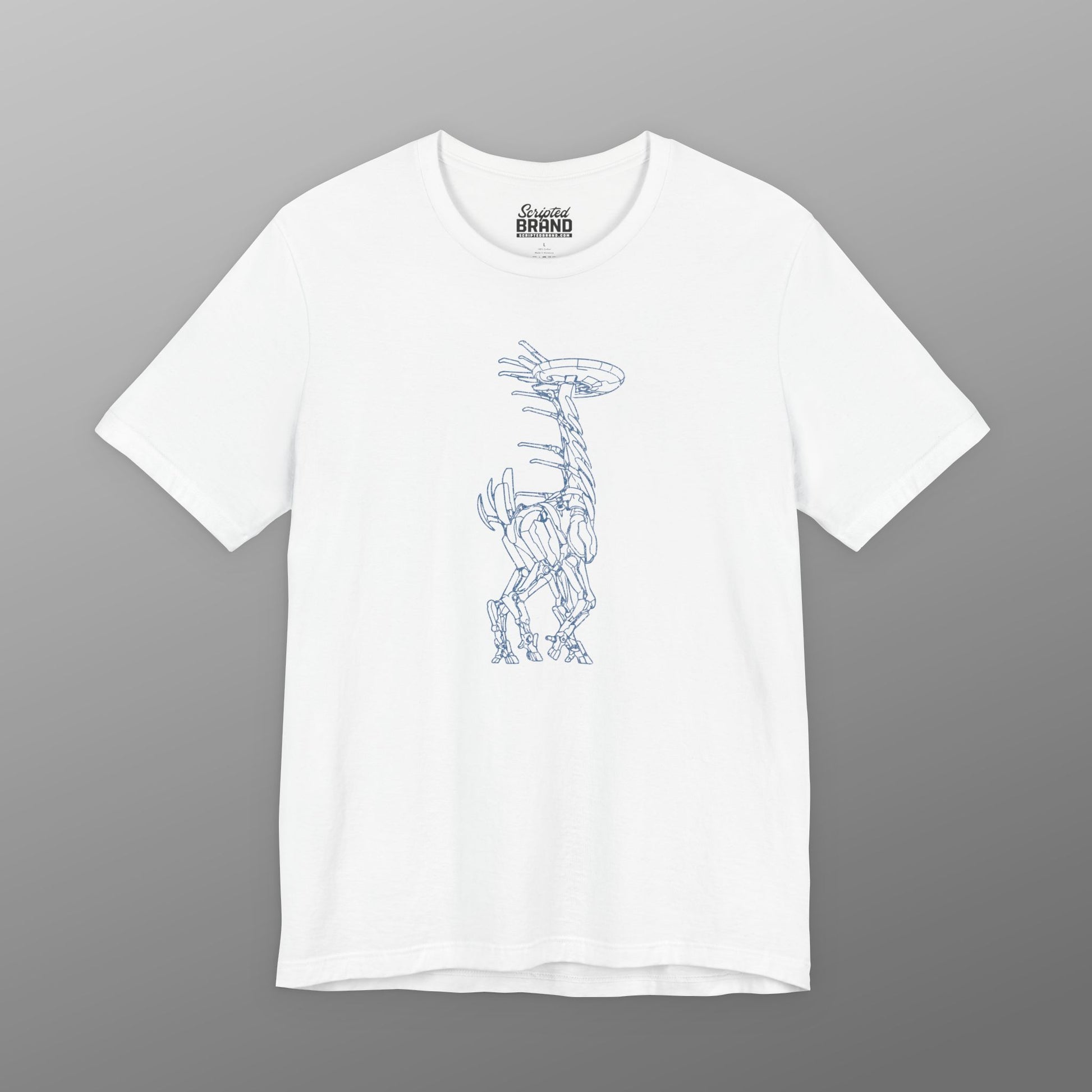 White blue Tallneck vintage line-art graphic t-shirt inspired by Horizon Zero Dawn and Forbidden West, soft Bella+Canvas cotton tee