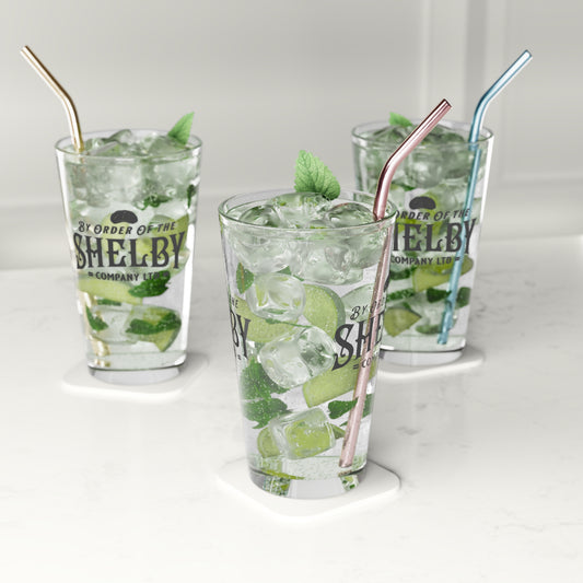 Three filled 16 ounce Pint Glasses with Shelby Company LTD logo from Peaky Blinders printed on both sides.