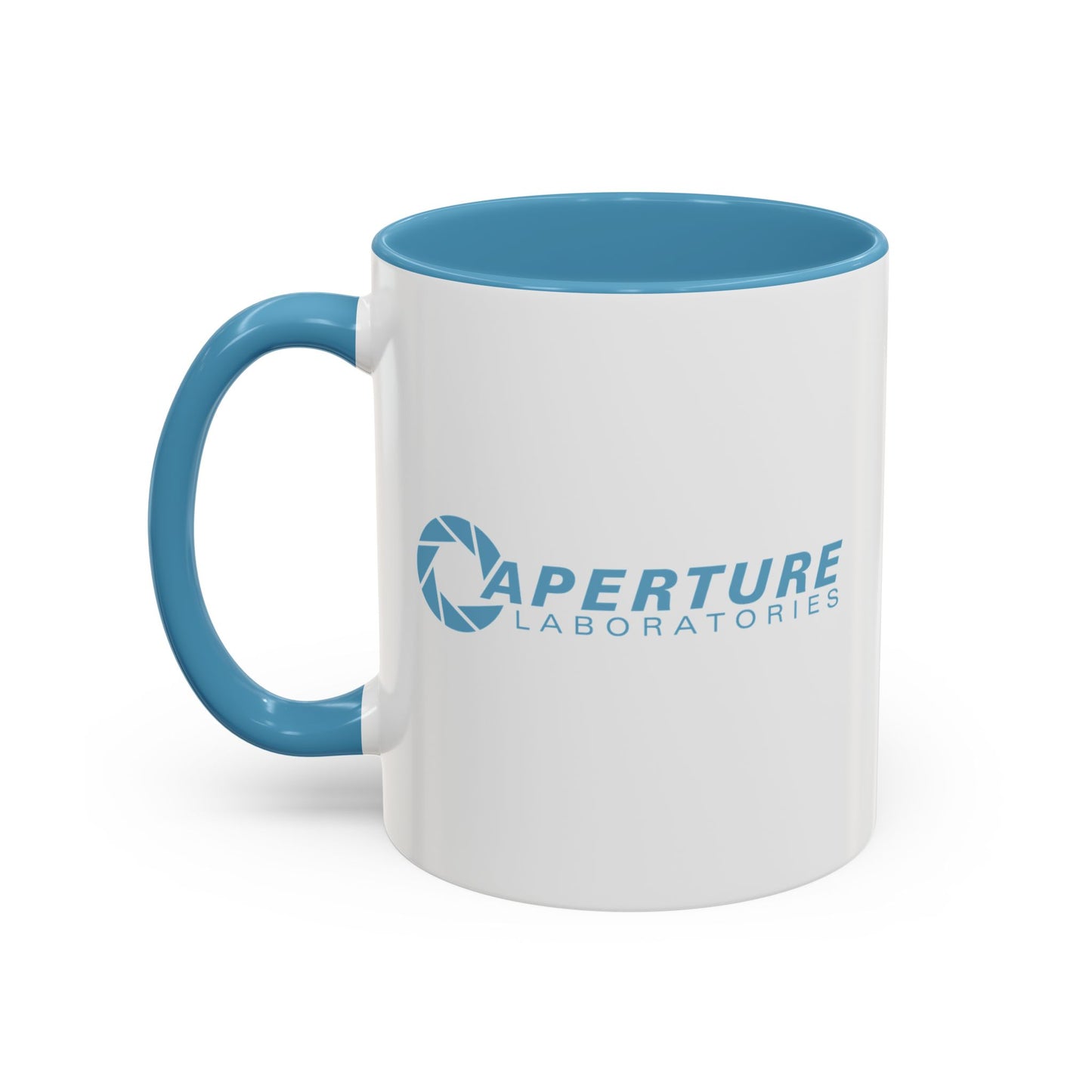 Mug with blue handle and interior, featuring 'Aperture Laboratories' logo on a white background
