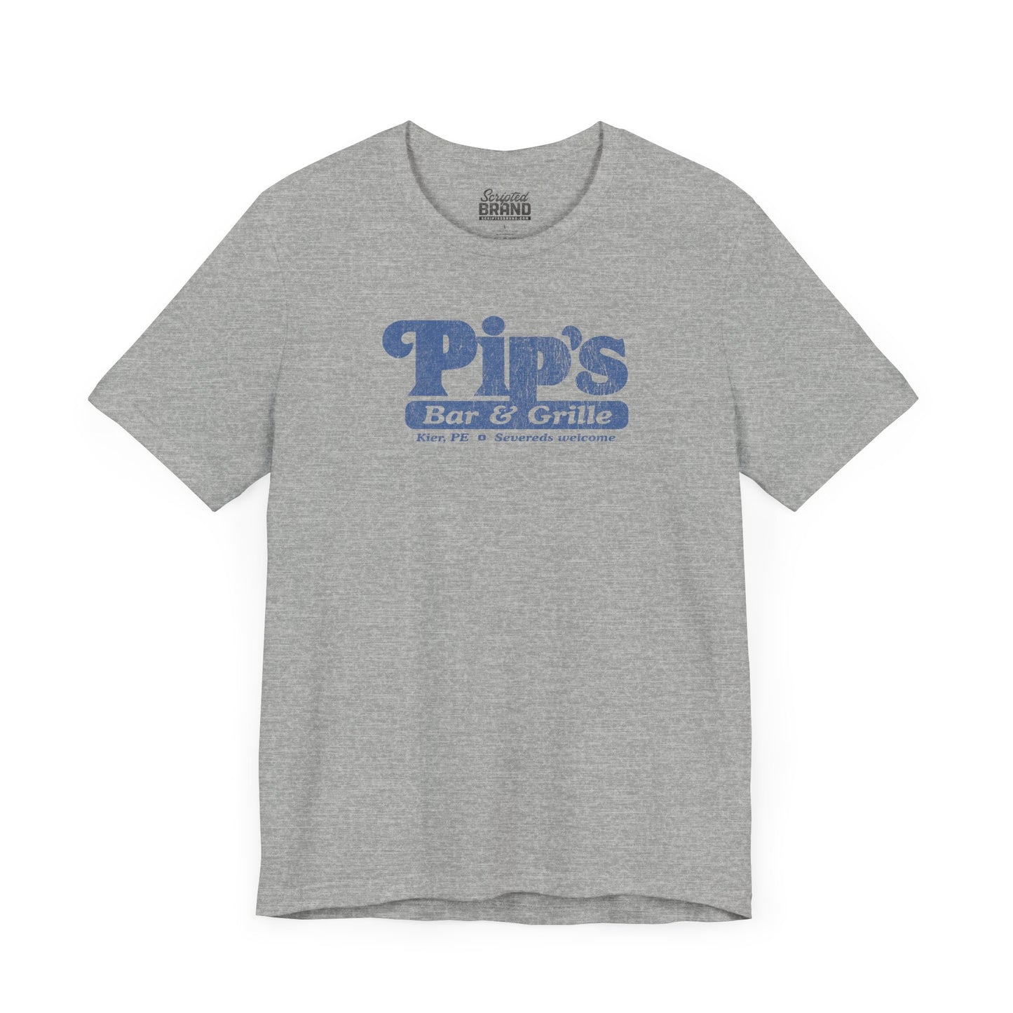 Front view of a athletic heather gray colored soft Bella+Canvas shirtsleeve t-shirt with the Pips Bar and Grill logo from the TV show Severance in a vintage distressed ink-stamped worn-in style.
