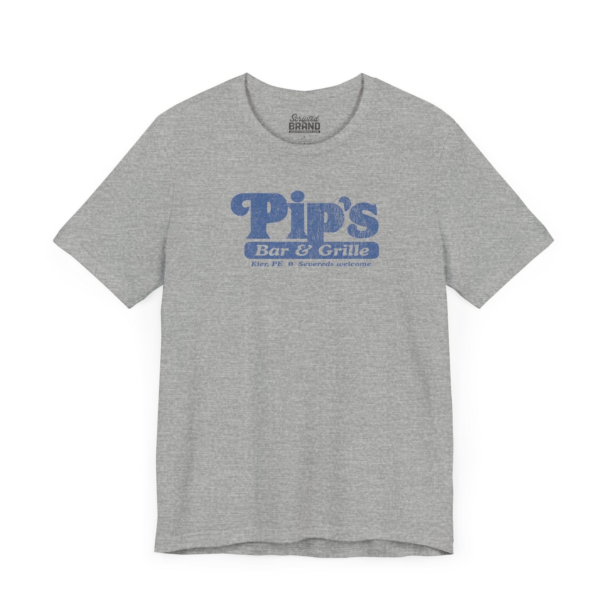 Front view of a athletic heather gray colored soft Bella+Canvas shirtsleeve t-shirt with the Pips Bar and Grill logo from the TV show Severance in a vintage distressed ink-stamped worn-in style.