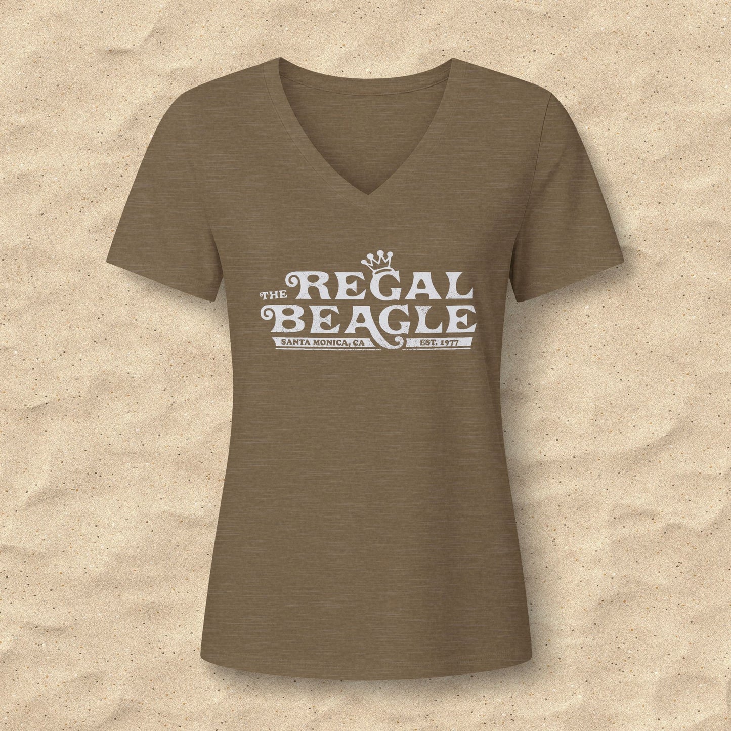 Heather olive green womens v-neck tee with vintage distressed Regal Beagle Three's Company logo