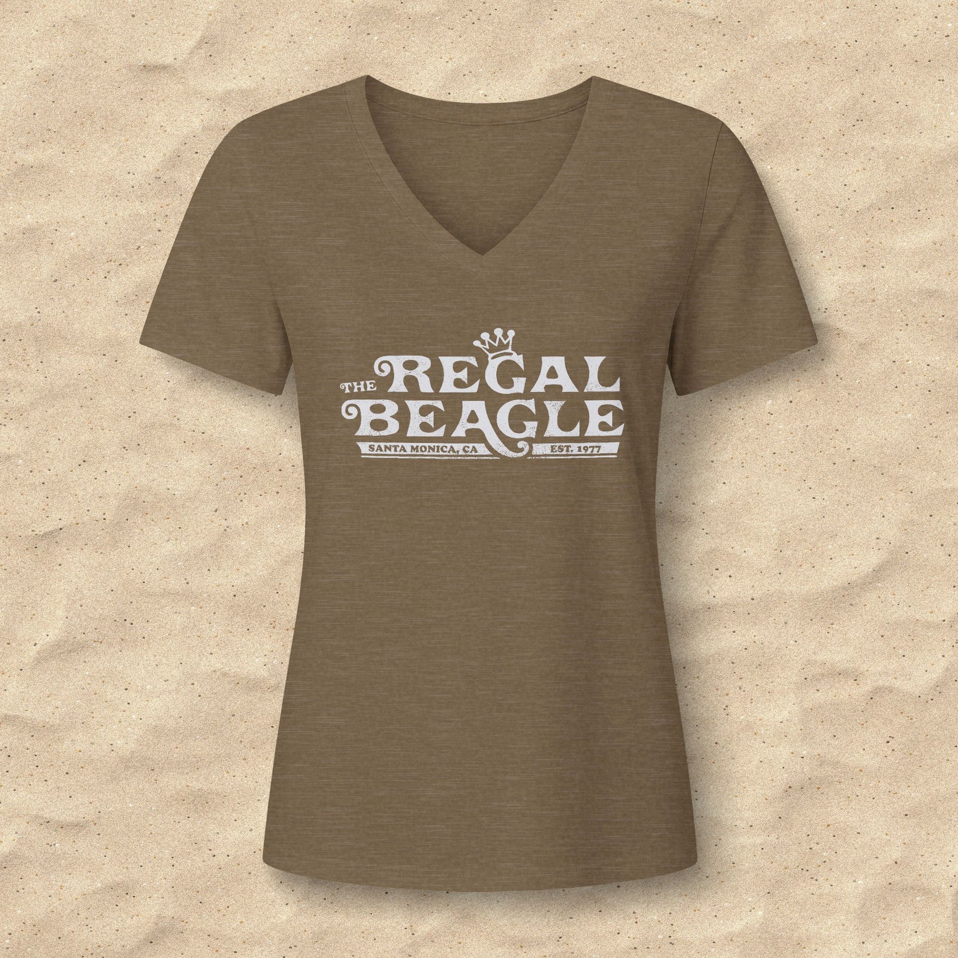 Heather olive green womens v-neck tee with vintage distressed Regal Beagle Three's Company logo