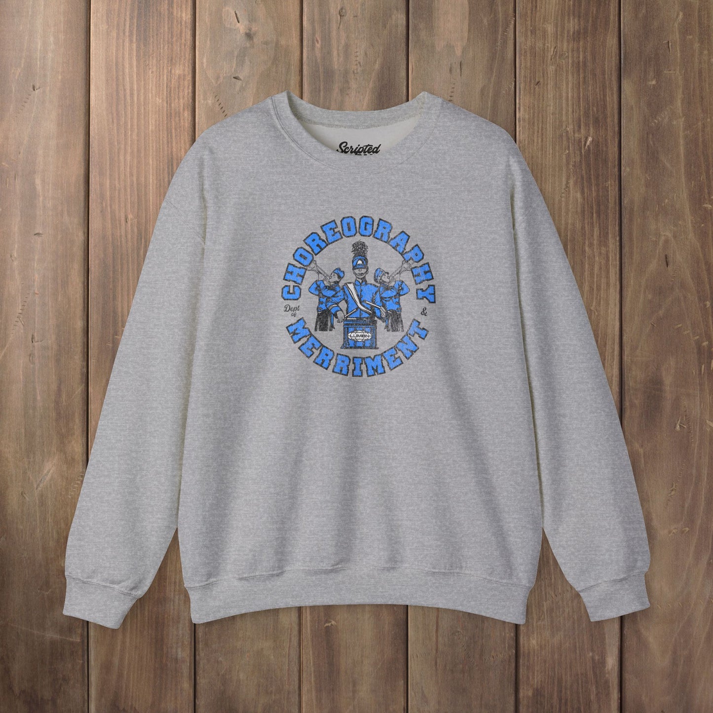 Heather gray crewneck sweatshirt with vintage Lumon Choreography and Merriment marching band art from Severance.
