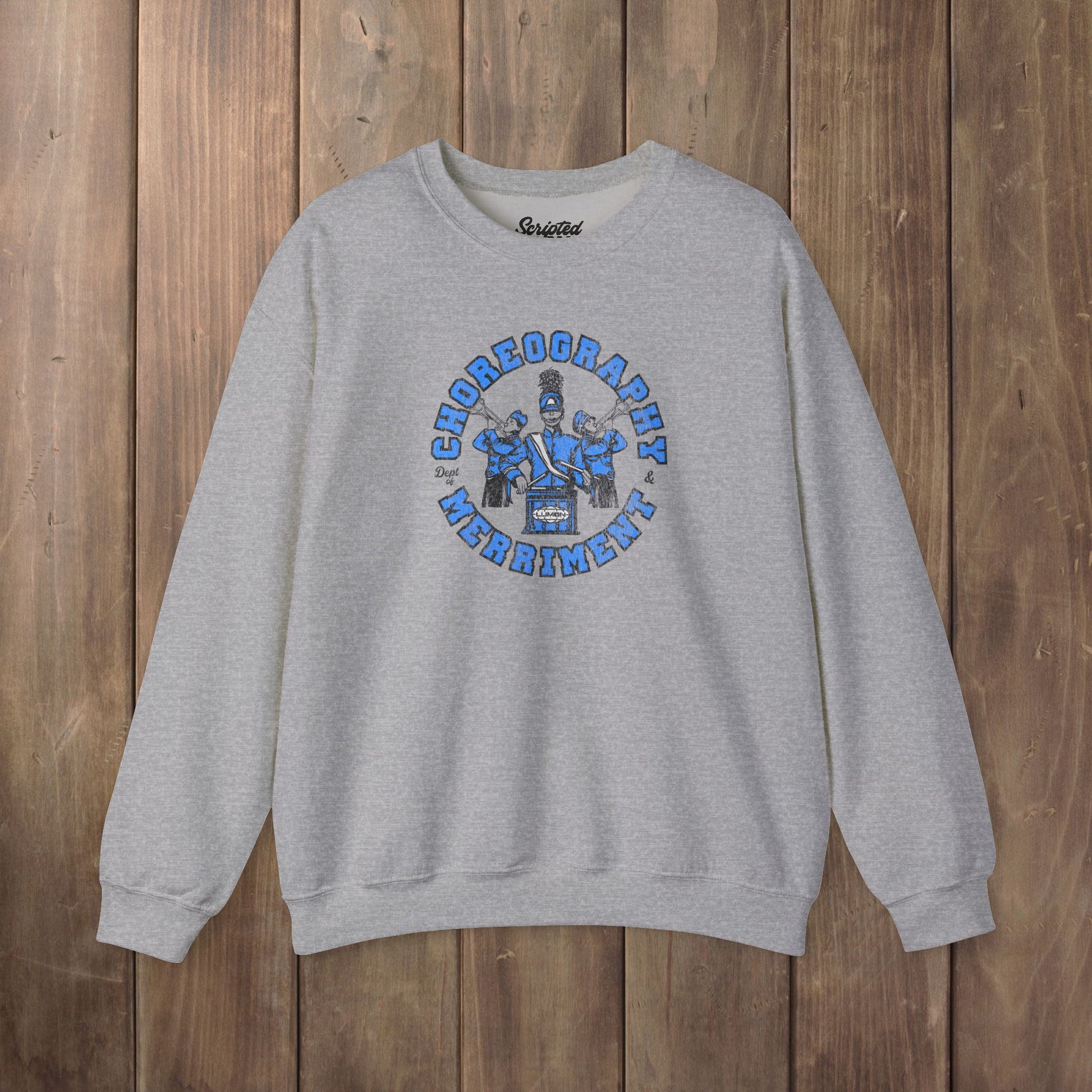 Heather gray crewneck sweatshirt with vintage Lumon Choreography and Merriment marching band art from Severance.
