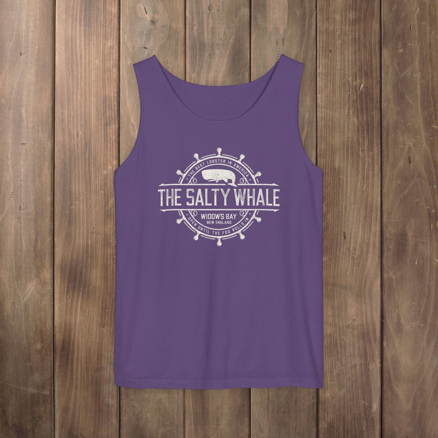 Purple grape garment-dyed tank top with vintage Widow's Bay The Salty Whale nautical crest design