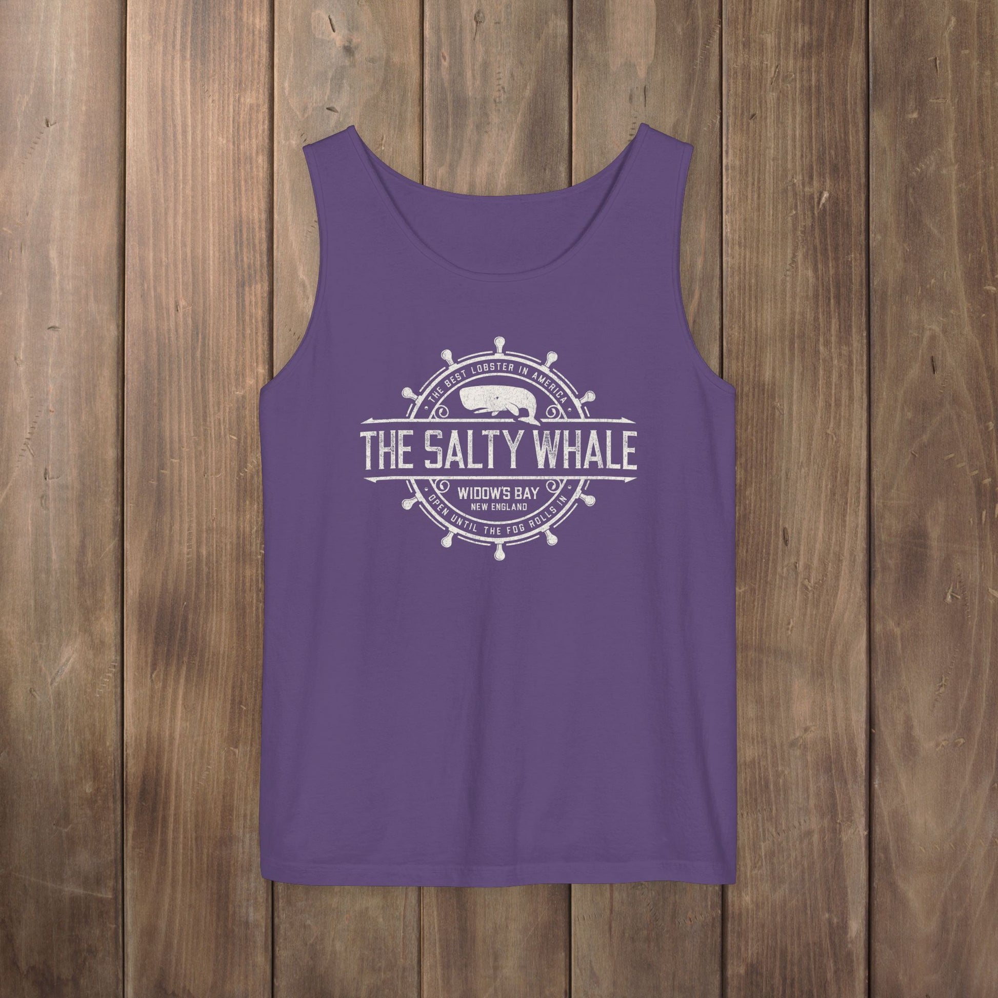 Purple grape garment-dyed tank top with vintage Widow's Bay The Salty Whale nautical crest design