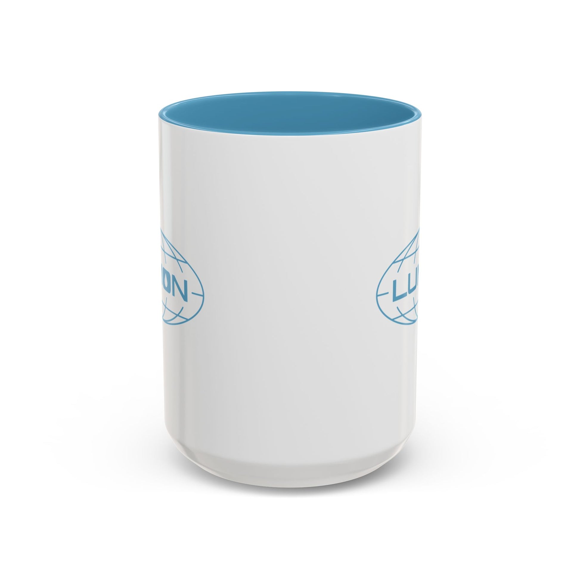Side view of a White Ceramic Mug (15 oz) with the blue Lumon Industries logo on both sides, inspired by the Apple TV show Severance.