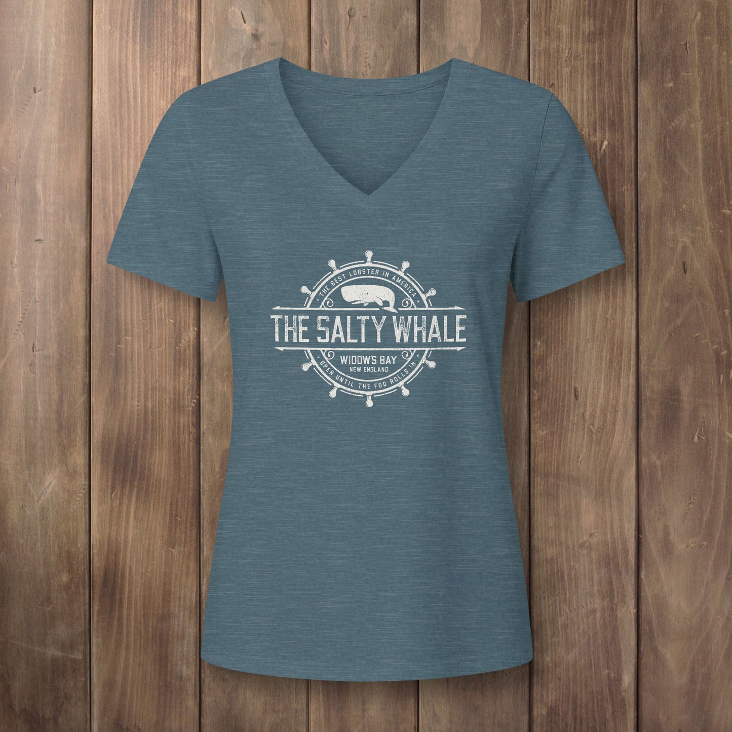 Heather slate blue womens v-neck tee with vintage The Salty Whale nautical crest inspired by Widow's Bay show